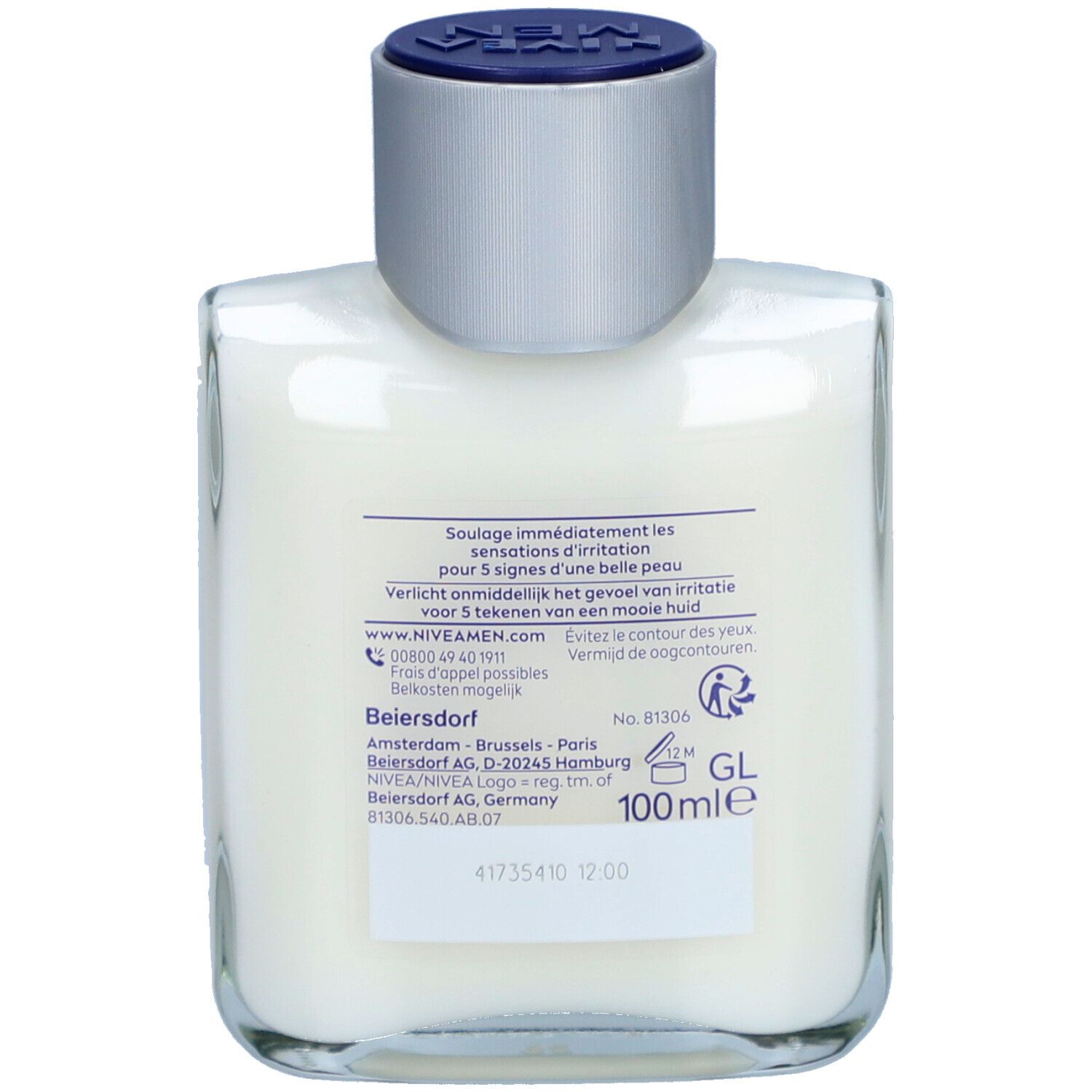 Retro del flacone bianco con tappo bianco. Informazioni testuali e logo. Scritta 100ml e.