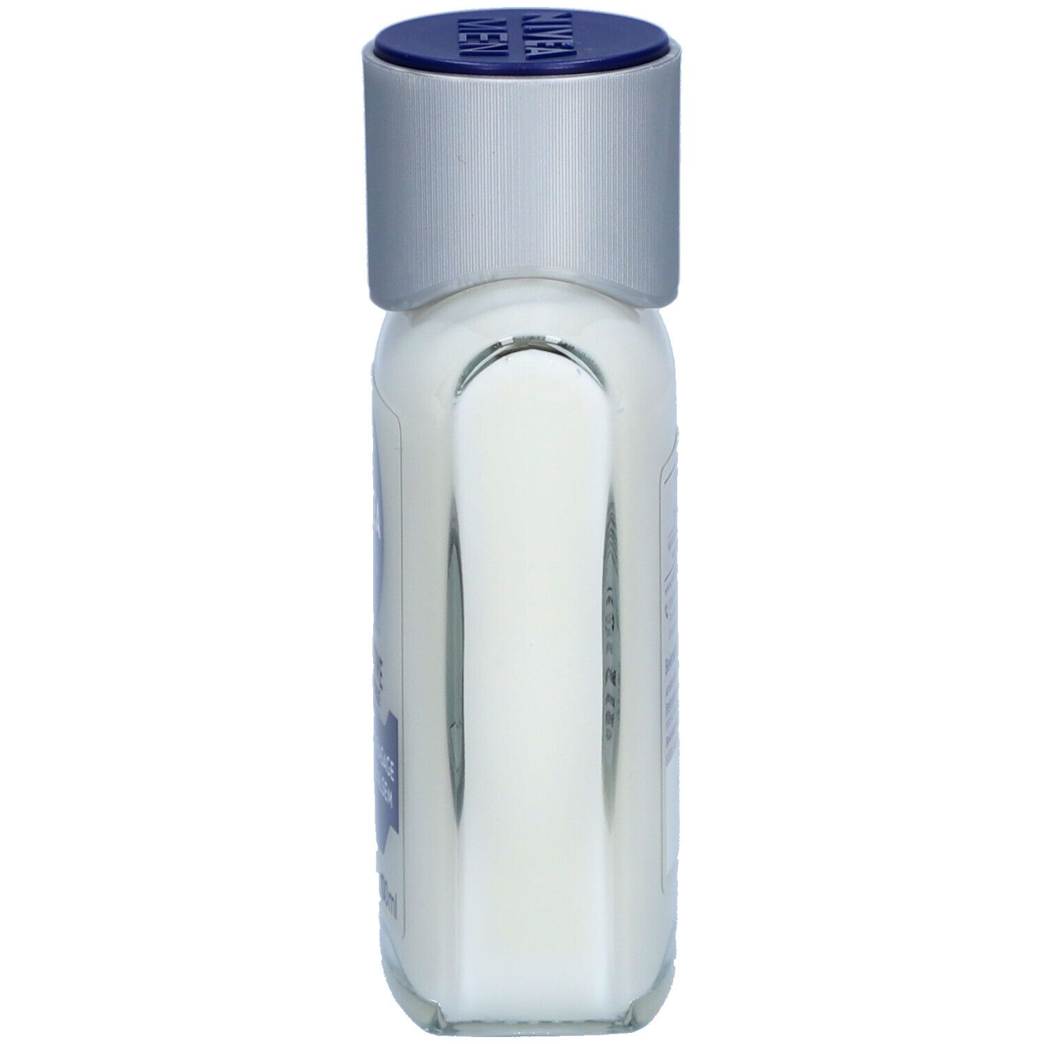 Vista laterale del flacone bianco con tappo bianco. Informazioni testuali e logo. Scritta 100ml e.