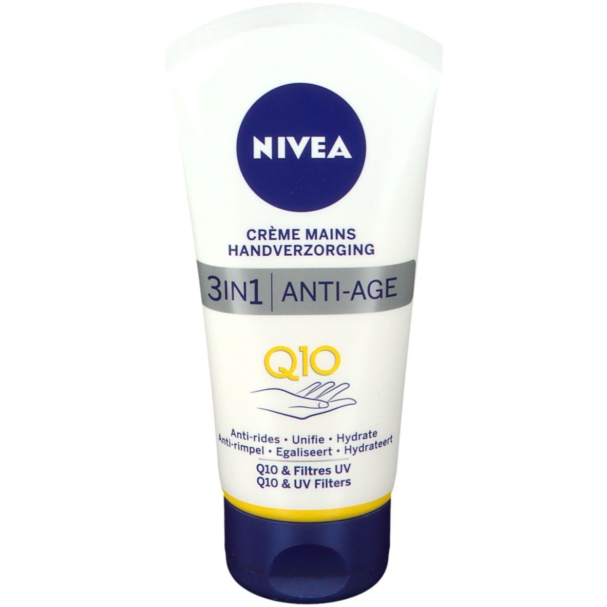Tubo bianco NIVEA, tappo blu, logo e testo. Crema Mani 3in1 Anti-Age Q10. Dettagli e caratteristiche.