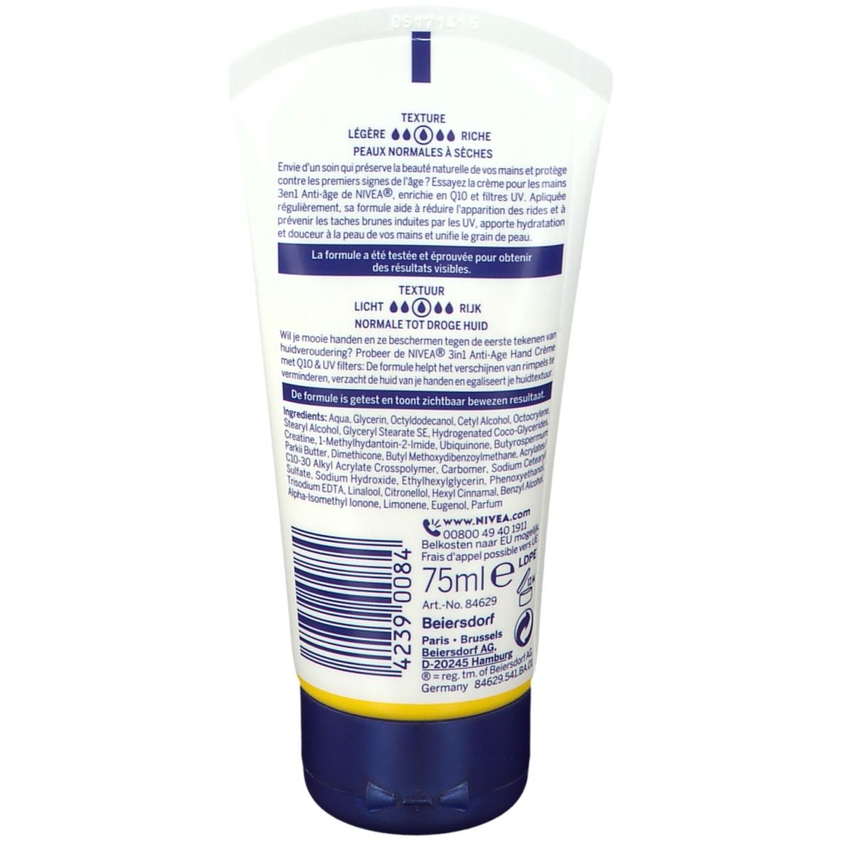 Retro del tubo di crema mani NIVEA. Testo multilingue, ingredienti, informazioni produttore e 75ml.