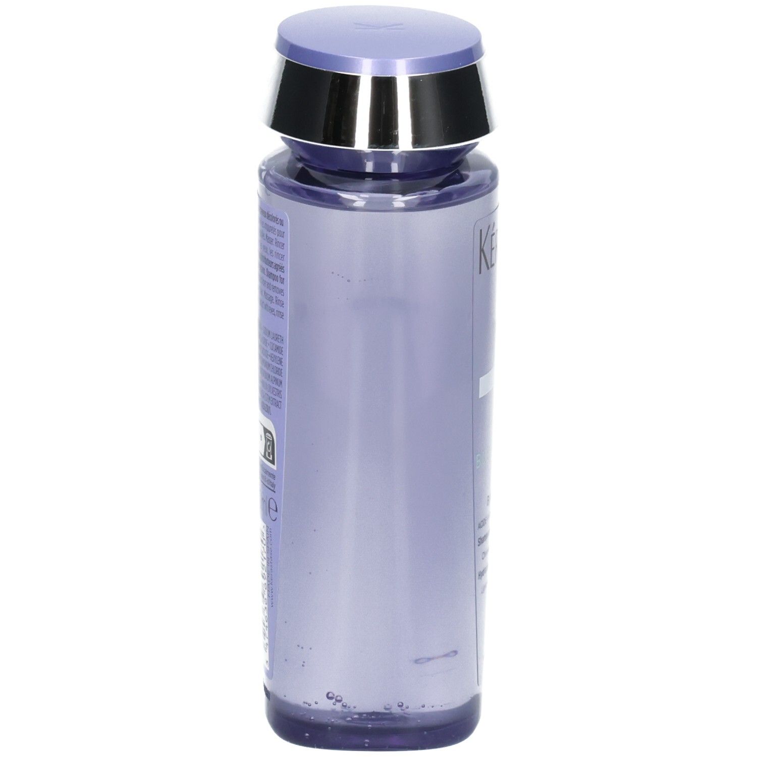 Shampoo Kérastase Blond Absolu: vista laterale del flacone viola con tappo argento e viola. Contiene acido ialuronico ed edelweiss.