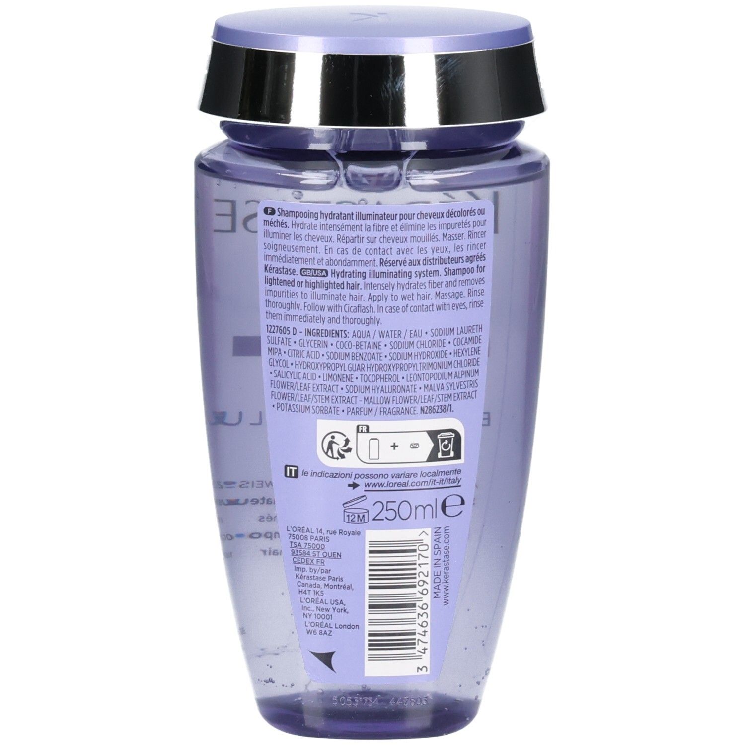 Shampoo Kérastase Blond Absolu: retro del flacone viola con tappo argento e viola. Contiene acido ialuronico ed edelweiss. 250ml.