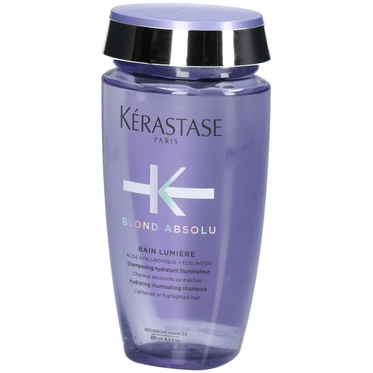 Shampoo Kérastase Blond Absolu: flacone viola con tappo argento e viola. Contiene acido ialuronico ed edelweiss.