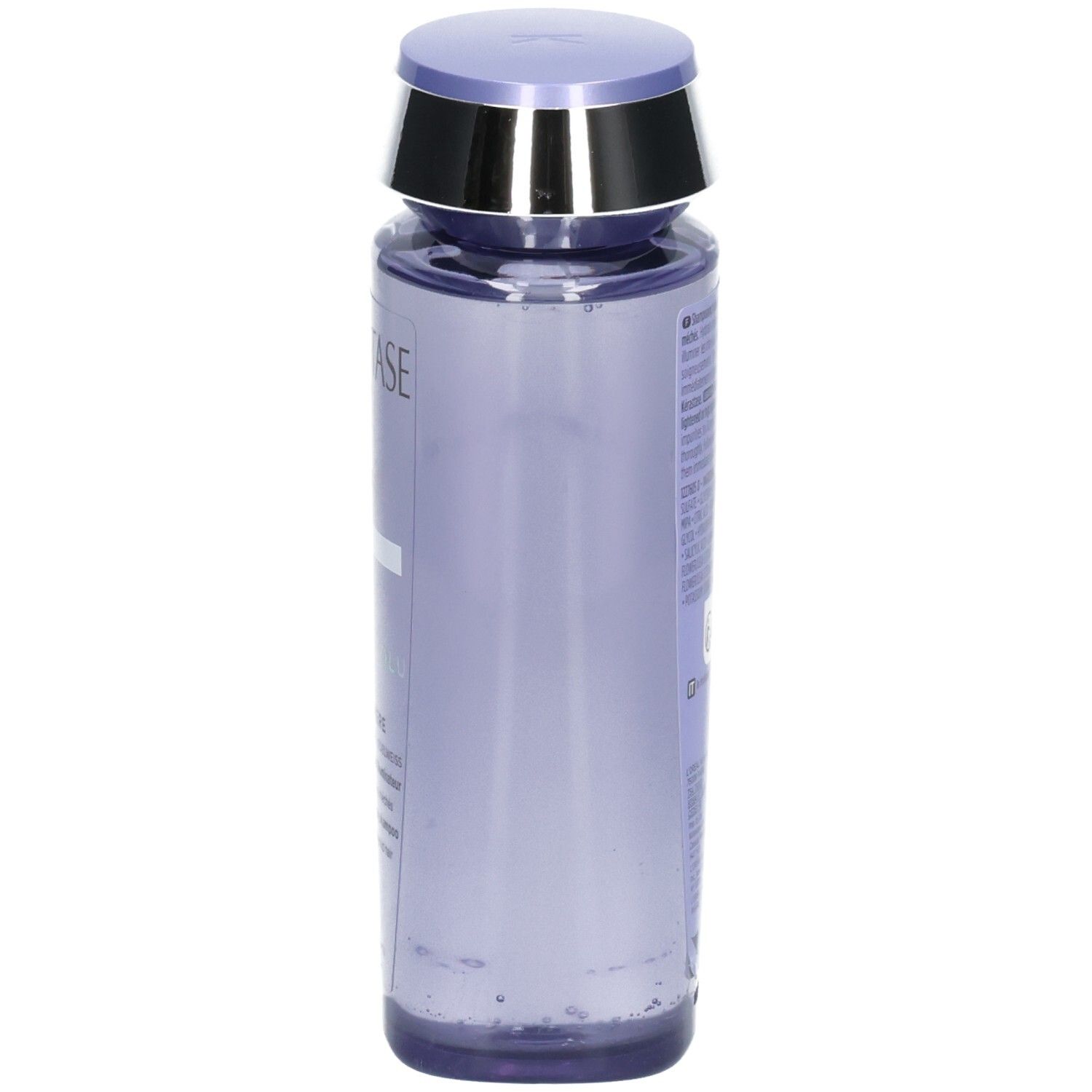 Shampoo Kérastase Blond Absolu: vista laterale del flacone viola con tappo argento e viola. Contiene acido ialuronico ed edelweiss.