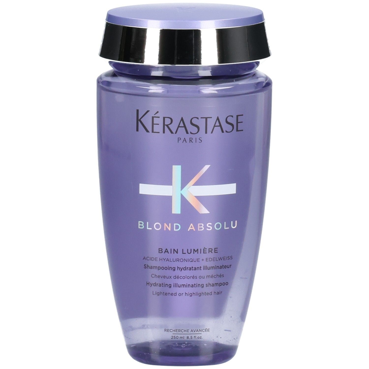 Shampoo Kérastase Blond Absolu: flacone viola con tappo argento e viola. Contiene acido ialuronico ed edelweiss.