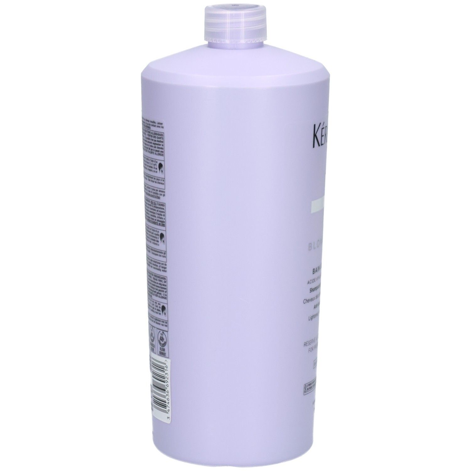Retro del flacone di shampoo Kérastase Blond Absolu Bain Ultra-Violet da 1000ml con ingredienti.