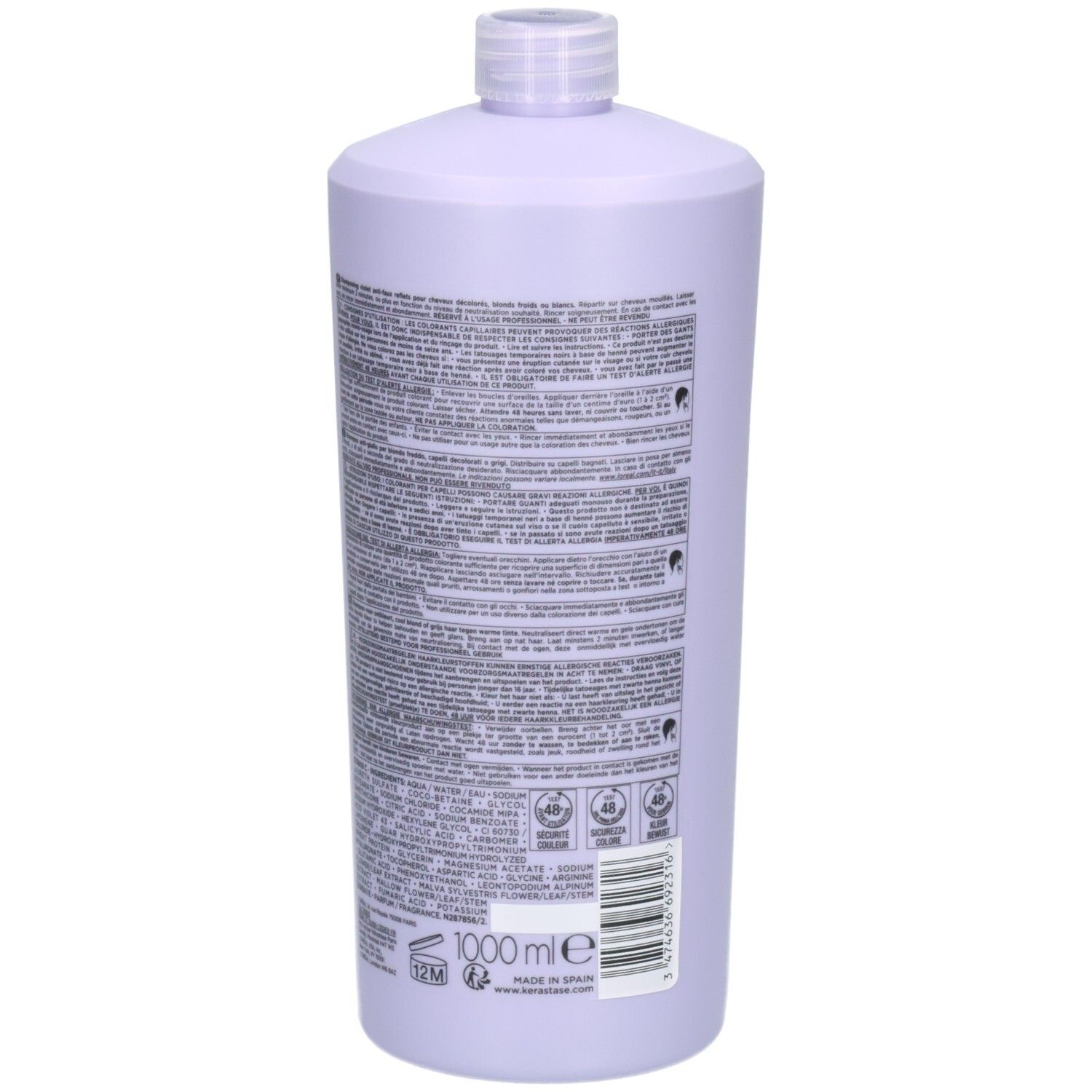 Retro del flacone di shampoo Kérastase Blond Absolu Bain Ultra-Violet da 1000ml con codice a barre e volume.