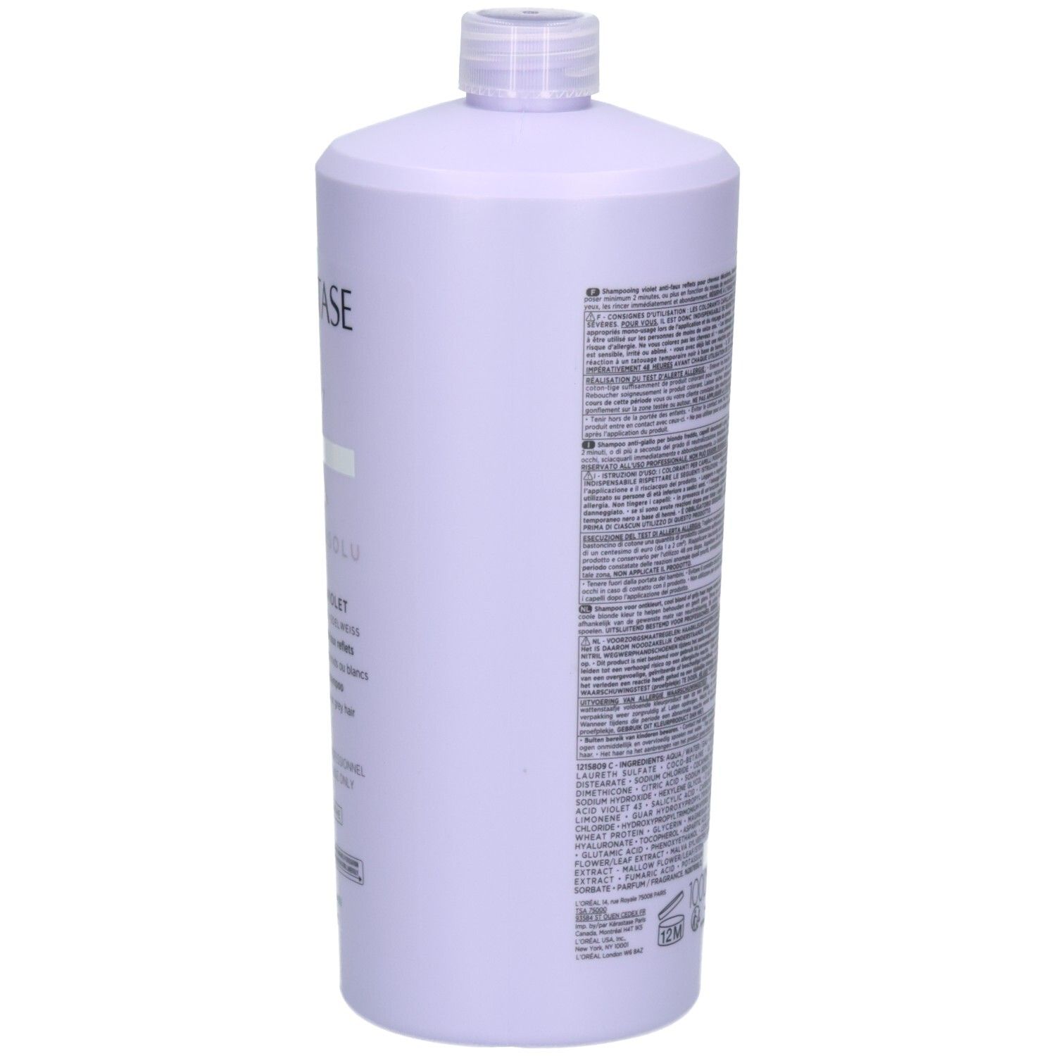 Vista laterale del flacone di shampoo Kérastase Blond Absolu Bain Ultra-Violet da 1000ml con testo.