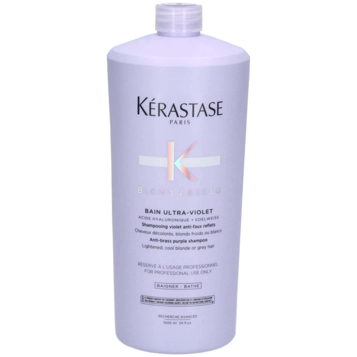 Vista frontale del flacone di shampoo Kérastase Blond Absolu Bain Ultra-Violet da 1000ml con logo e testo.