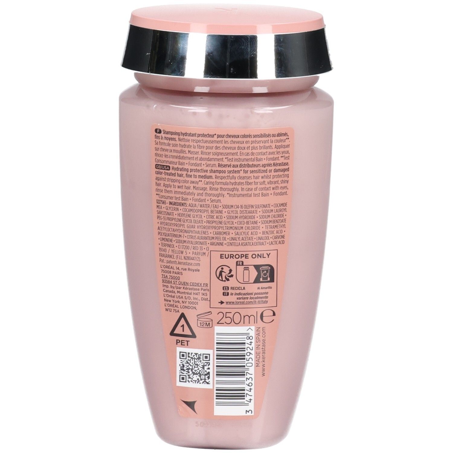 Retro del flacone Kérastase Bain Chroma Respect Shampoo, 250ml, con informazioni sul prodotto e codice a barre.