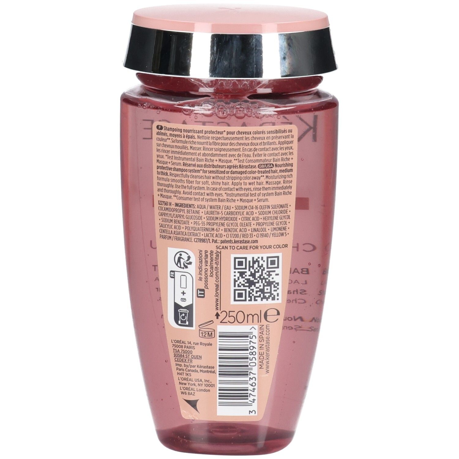Retro del flacone shampoo Kérastase Chroma Absolu Bain Riche Chroma Respect con informazioni sul prodotto e codice QR.