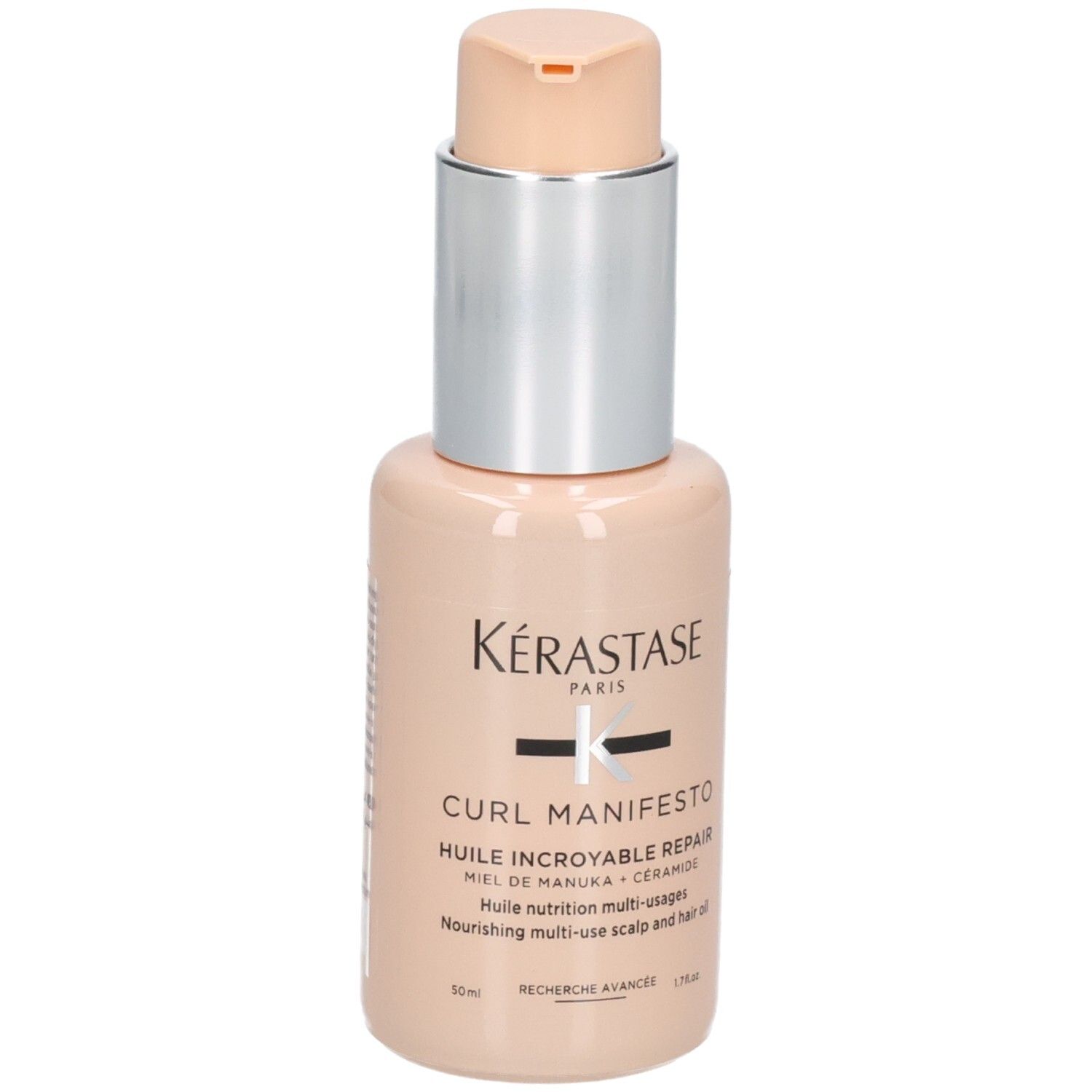Kérastase Curl Manifesto Huile Sublime Repair, flacone con beccuccio a pompa argentato.