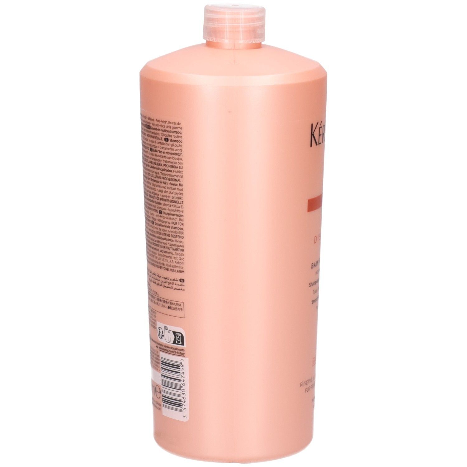 Retro del flacone di shampoo Kérastase Discipline Bain Fluidealiste con testo.