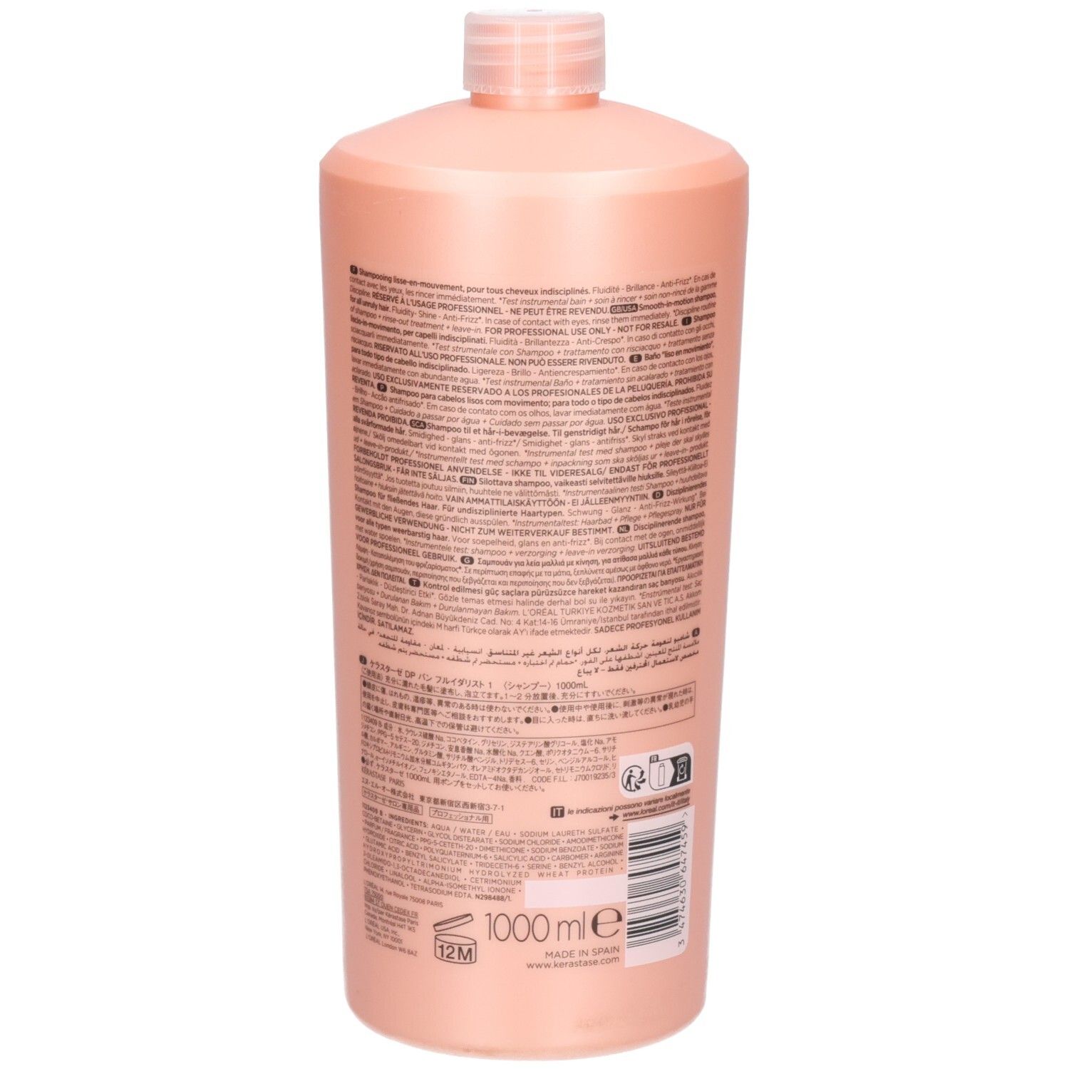 Retro del flacone di shampoo Kérastase Discipline Bain Fluidealiste, 1000 ml.