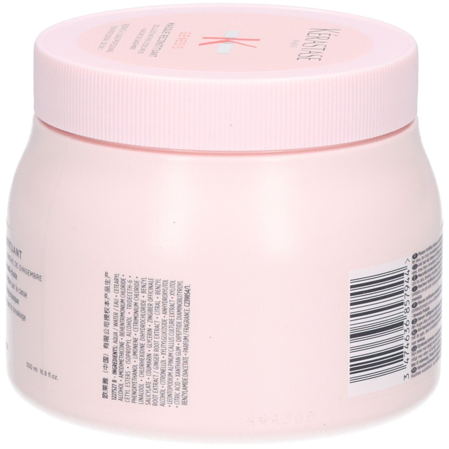 Kérastase Masque Reconstituant, retro del barattolo da 500ml con ingredienti e codice a barre.