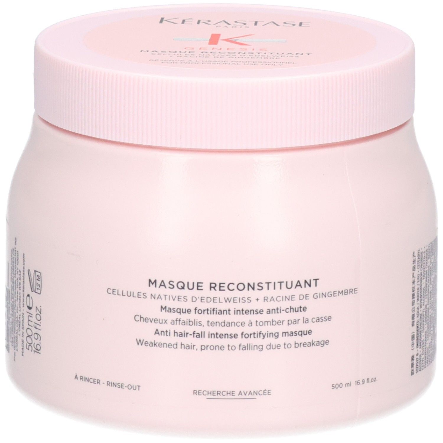 Kérastase Masque Reconstituant, maschera per capelli da 500ml in barattolo rosa, lato frontale con informazioni prodotto.