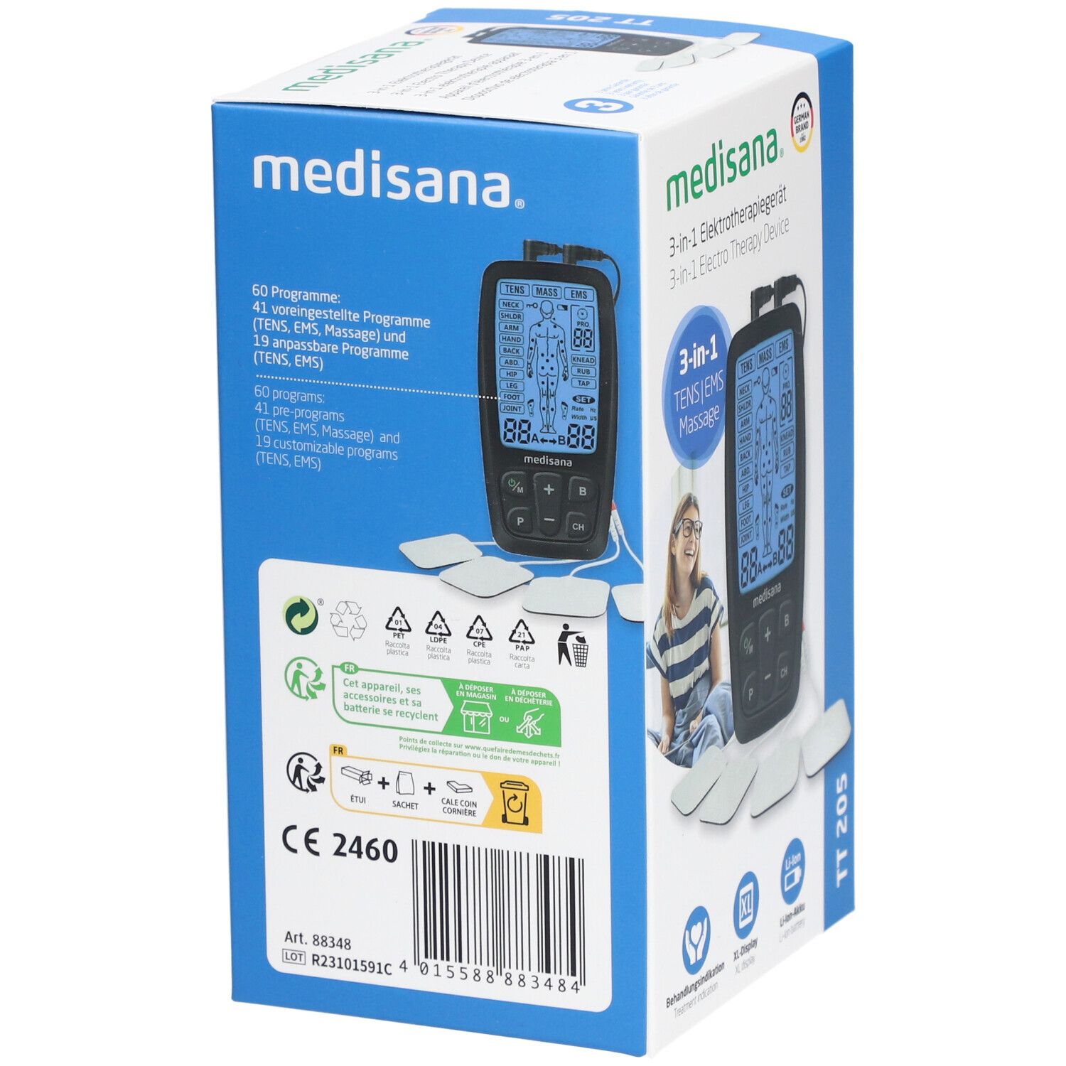 Retro della confezione del dispositivo per elettroterapia. Dispositivo, cuscinetti. Marchio: medisana. Dispositivo 3 in 1. Prodotto: TT 205. Simboli di riciclaggio. Marchio CE.