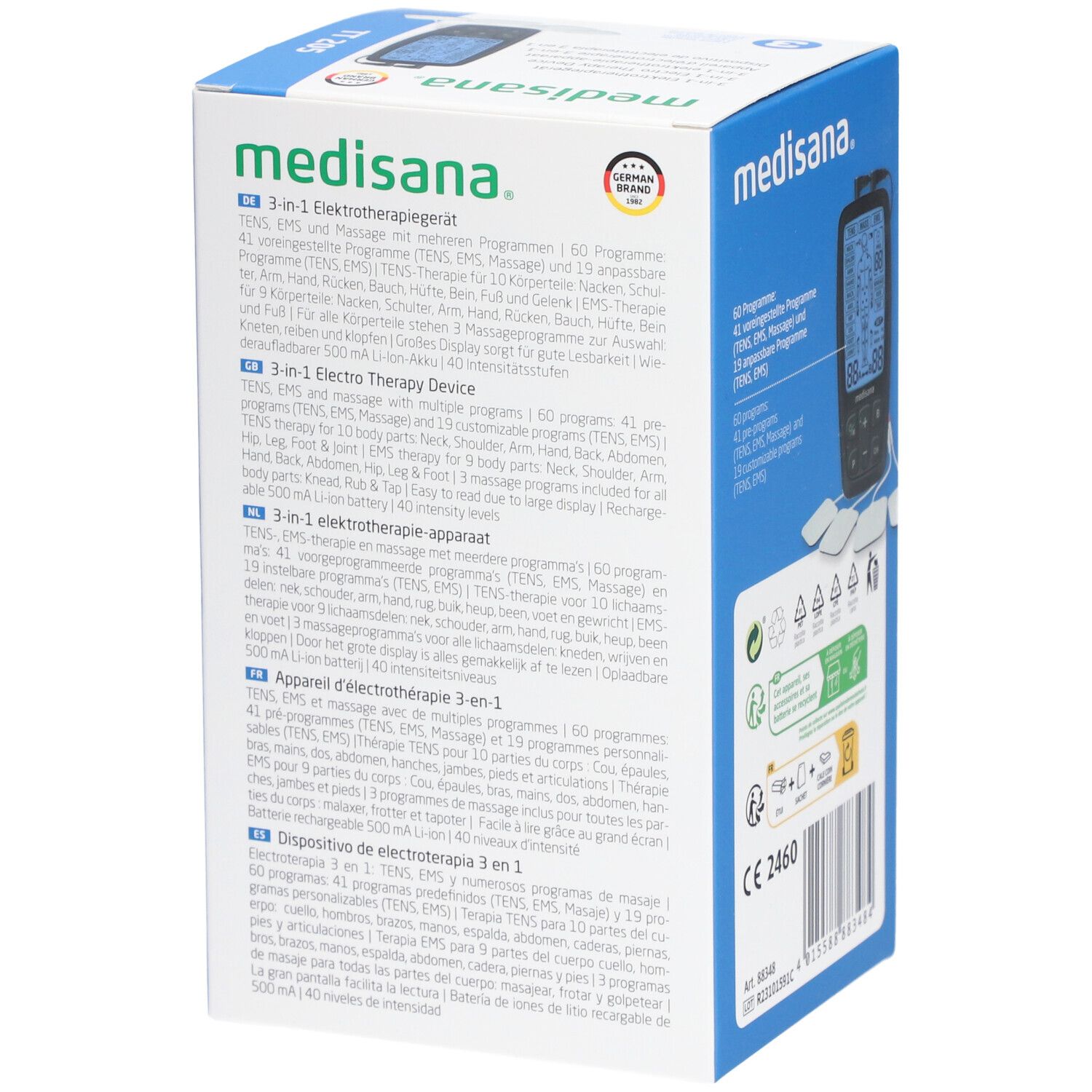 Retro della confezione del dispositivo per elettroterapia. Dispositivo, cuscinetti. Marchio: medisana. Dispositivo 3 in 1. Prodotto: TT 205. Marchio CE. Testo multilingue.