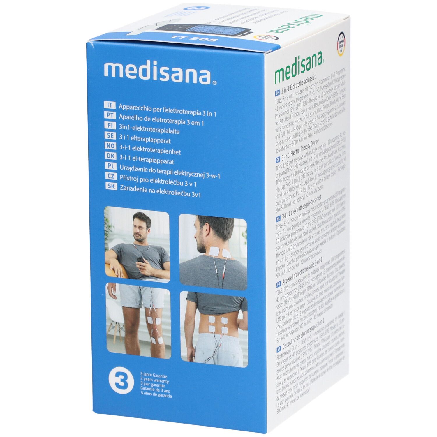 Confezione del dispositivo per elettroterapia. Dispositivo, cuscinetti. Marchio: medisana. Dispositivo 3 in 1. Prodotto: TT 205. Illustrazioni per l'uso.