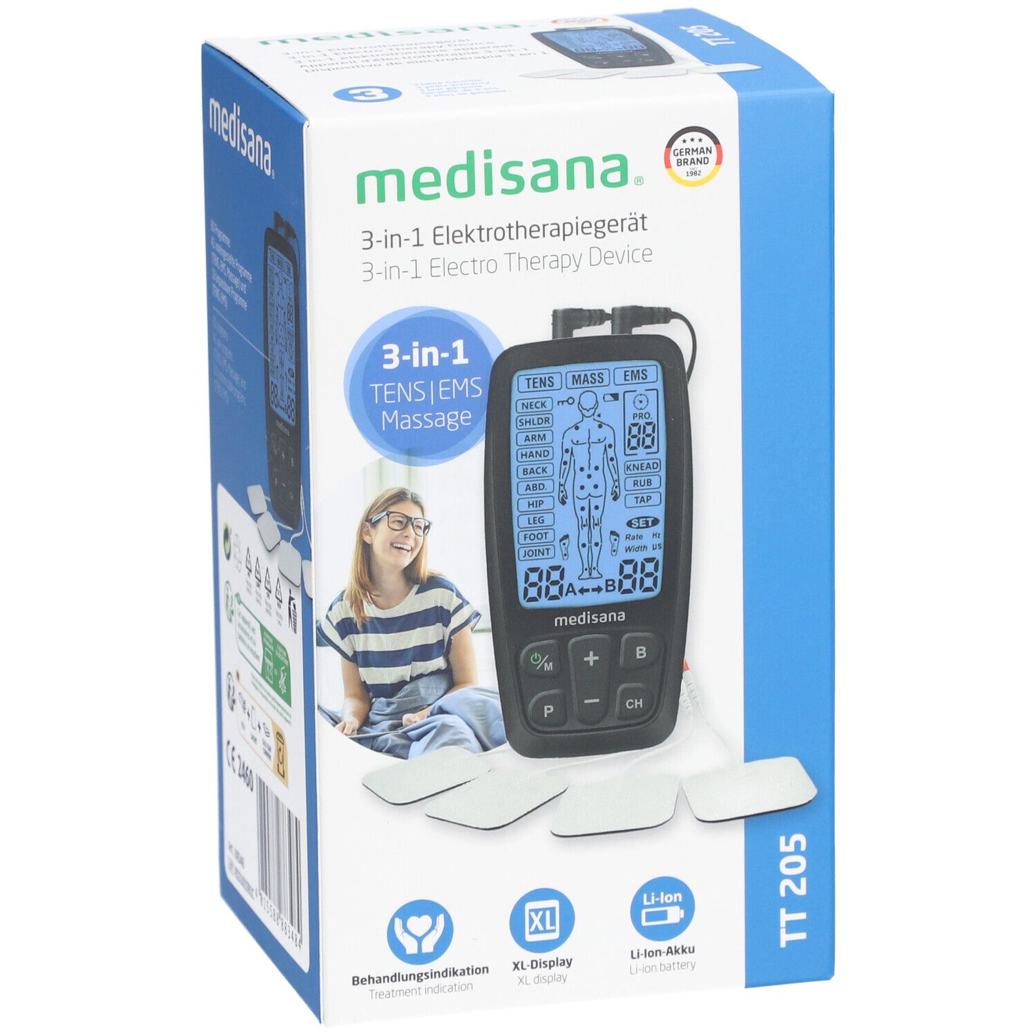 Fronte della confezione del dispositivo per elettroterapia. Dispositivo, cuscinetti, display, pulsanti. Marchio: medisana. Dispositivo 3 in 1. Prodotto: TT 205. Display XL, batteria agli ioni di litio.