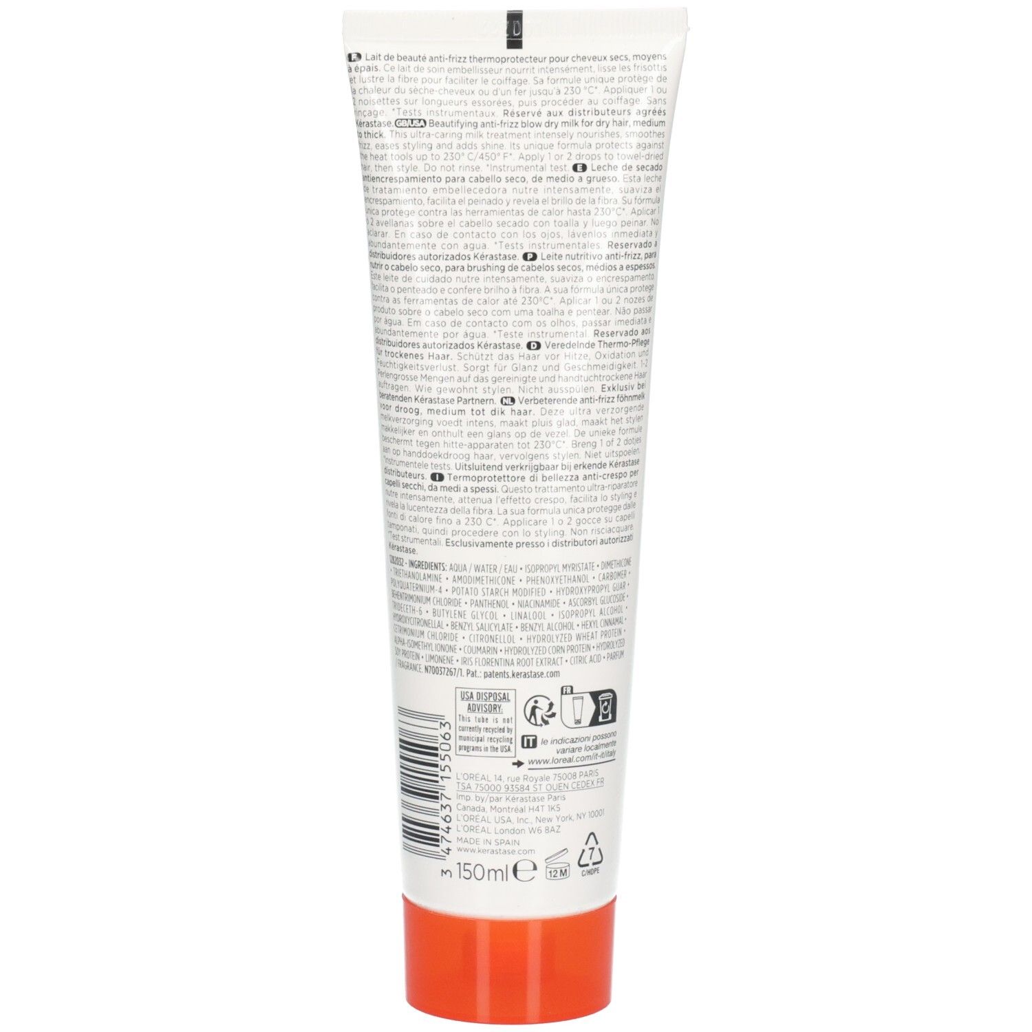 Retro di un tubo bianco Kérastase Nutritive Nectar Thermique con tappo arancione. Contiene istruzioni per l'uso e ingredienti.