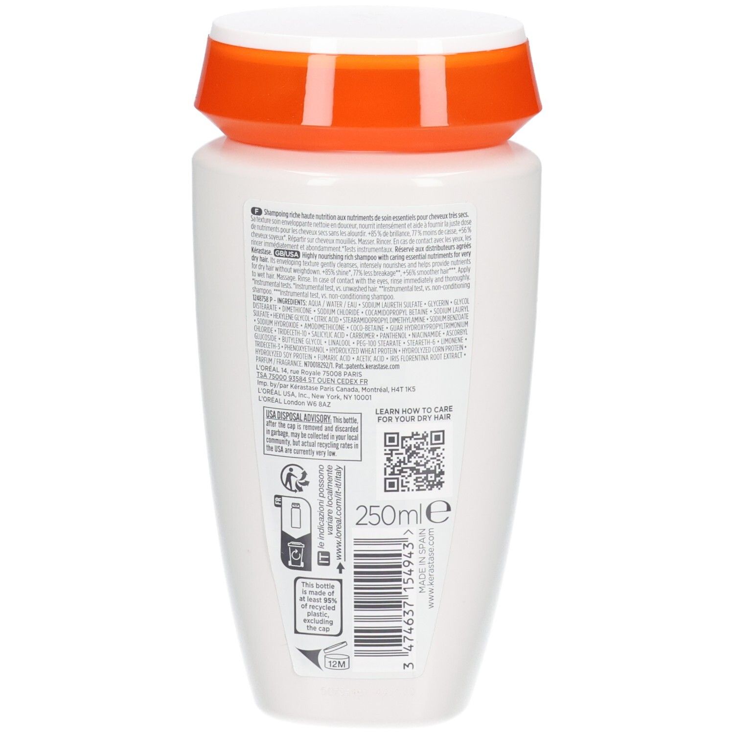 Retro del flacone di shampoo Kérastase Nutritive Bain Satin Riche con ingredienti e codice QR. 250ml.