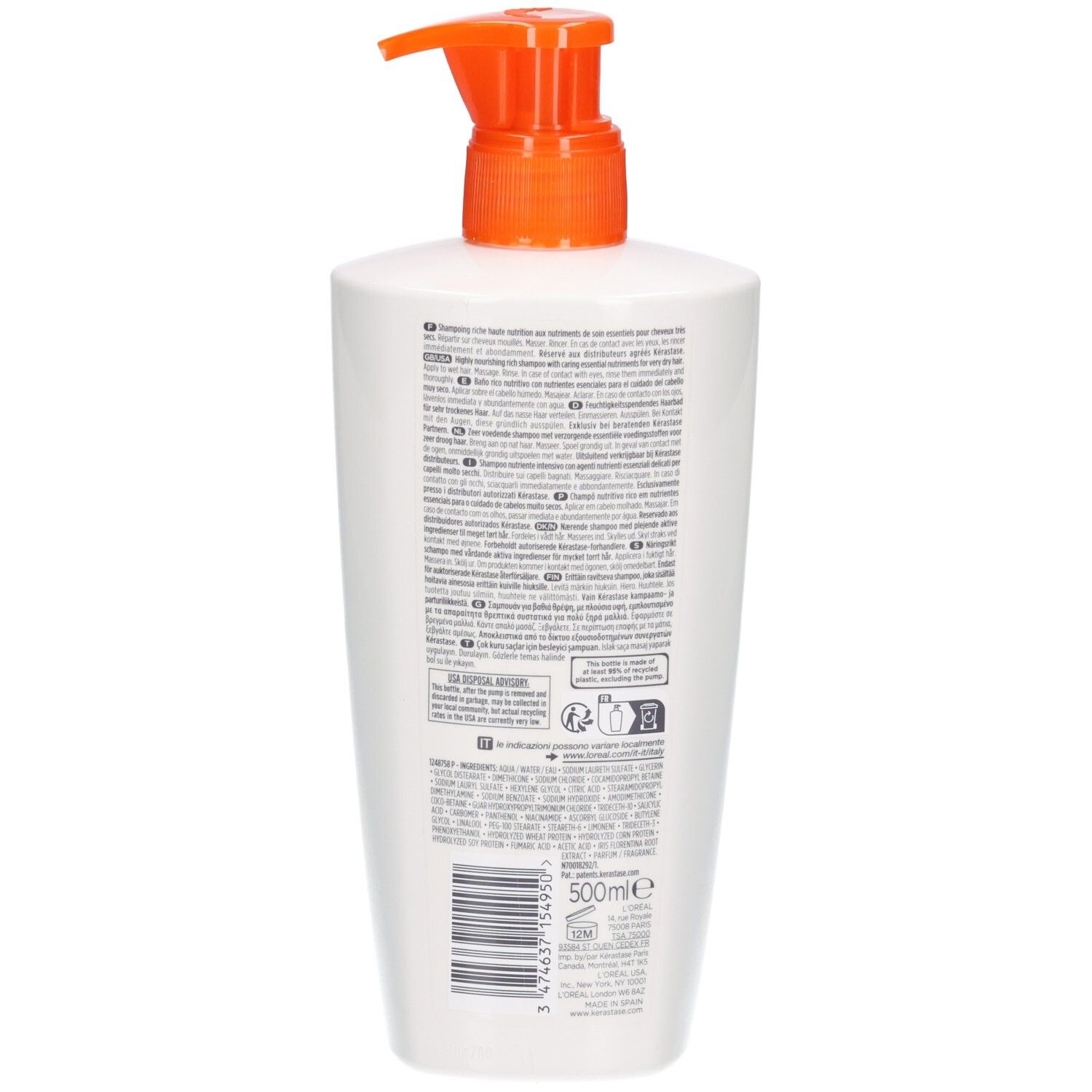 Retro del Kérastase Nutritive Bain Satin Riche Shampoo con etichetta e codice a barre, 500ml.