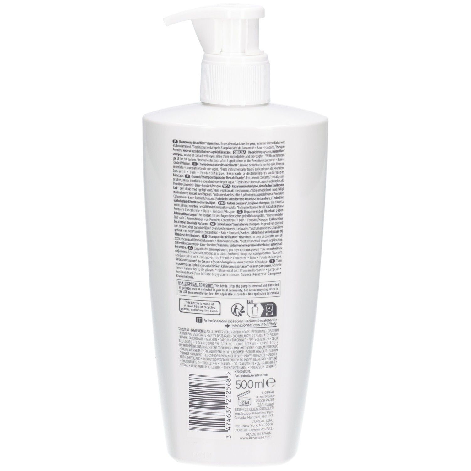 Retro del flacone di shampoo bianco Kérastase con informazioni dettagliate sul prodotto.