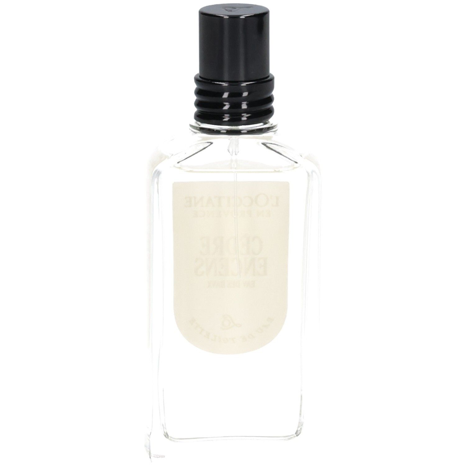 Retro del flacone di vetro L'OCCITANE Eau de Toilette Cèdre Encens (Eau des Baux).
