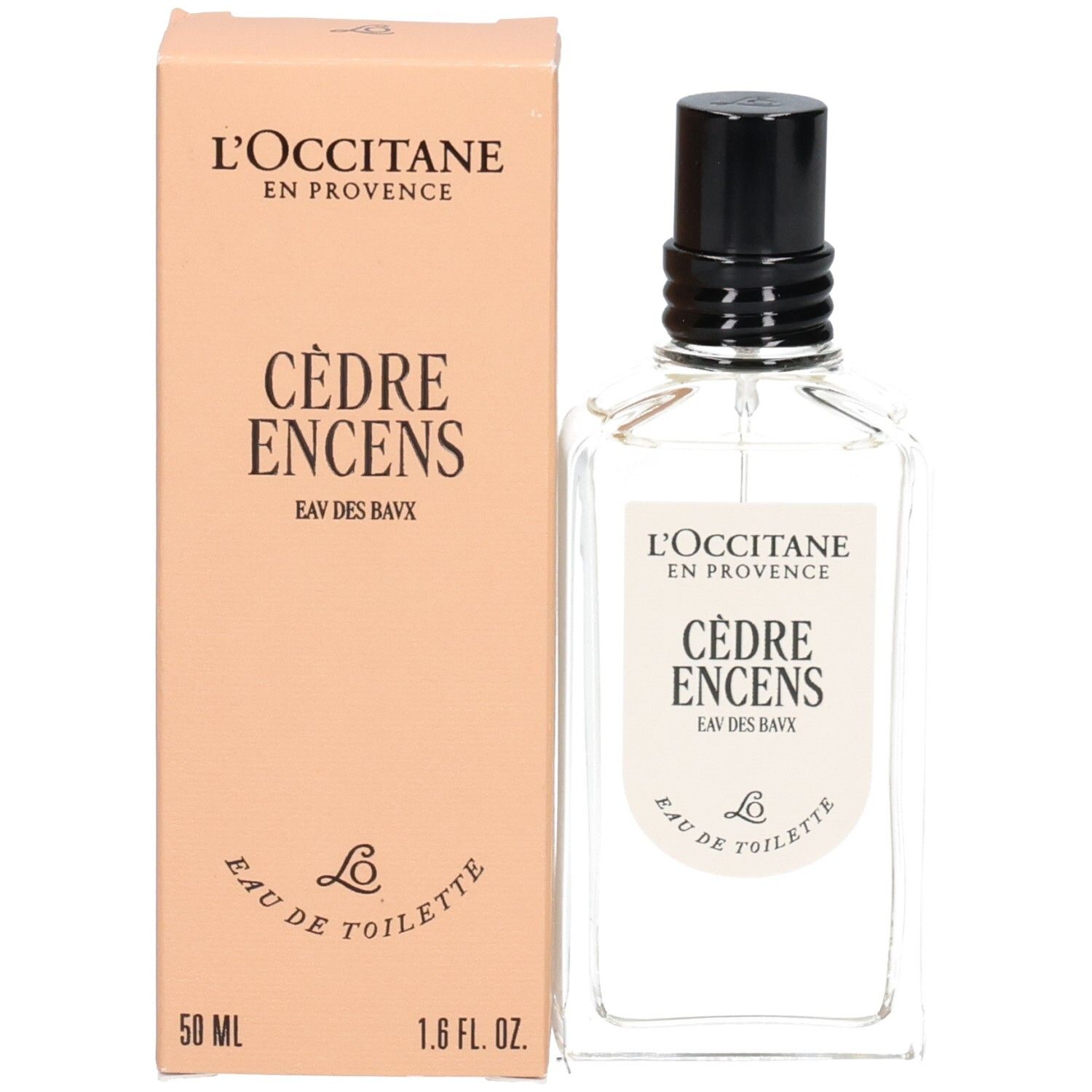 Flacone L'OCCITANE Eau de Toilette Cèdre Encens (Eau des Baux) 50ml accanto alla sua scatola.