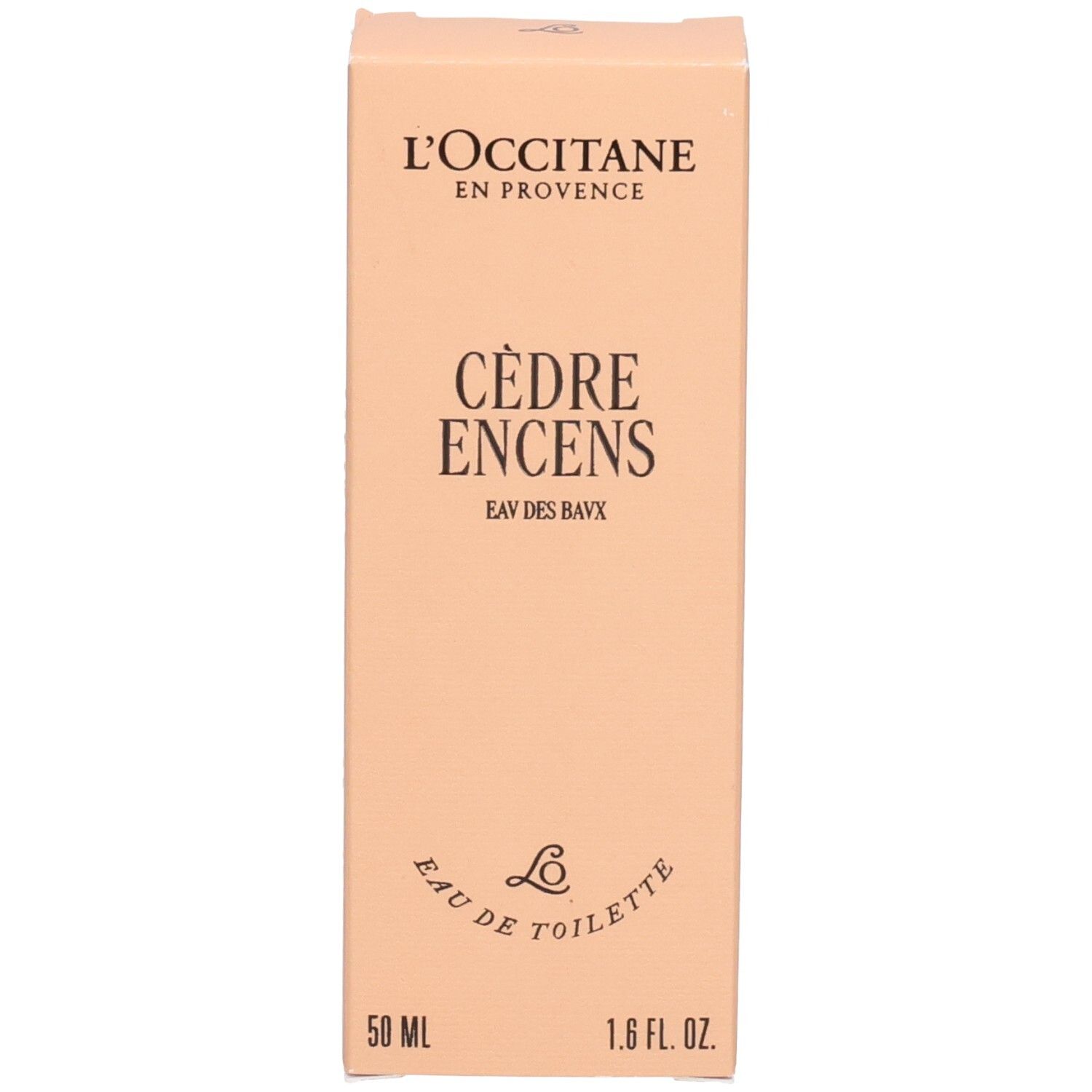 Fronte della scatola L'OCCITANE Eau de Toilette Cèdre Encens (Eau des Baux) 50ml.
