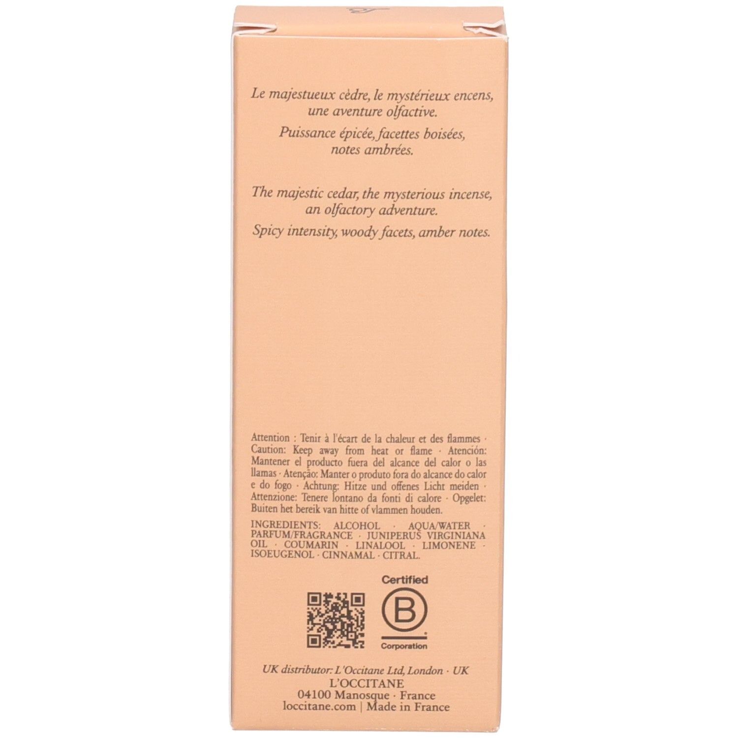 Retro della scatola L'OCCITANE Eau de Toilette Cèdre Encens (Eau des Baux) 50ml con informazioni sul prodotto.