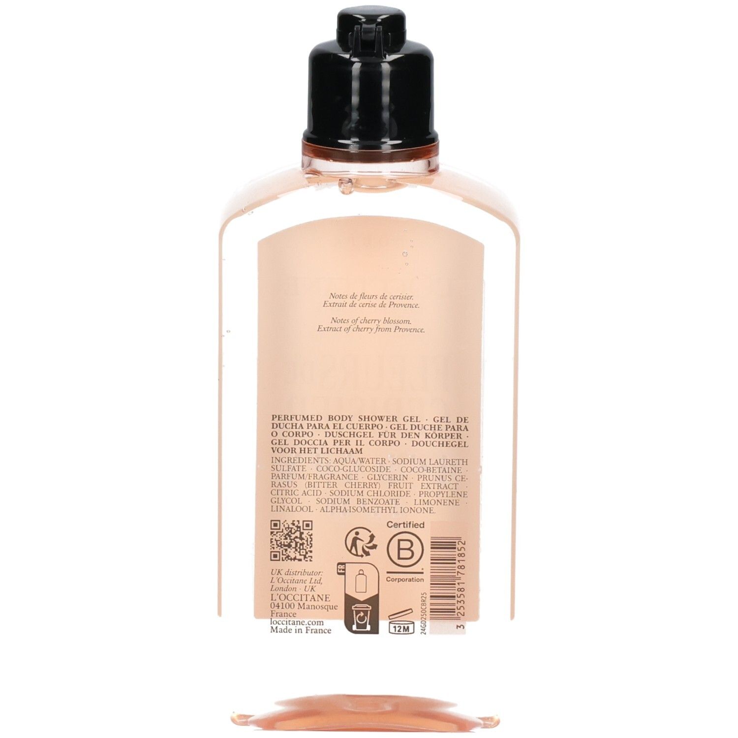 Bagnoschiuma L'Occitane Fleurs de Cerisier, vista posteriore con informazioni sul prodotto.
