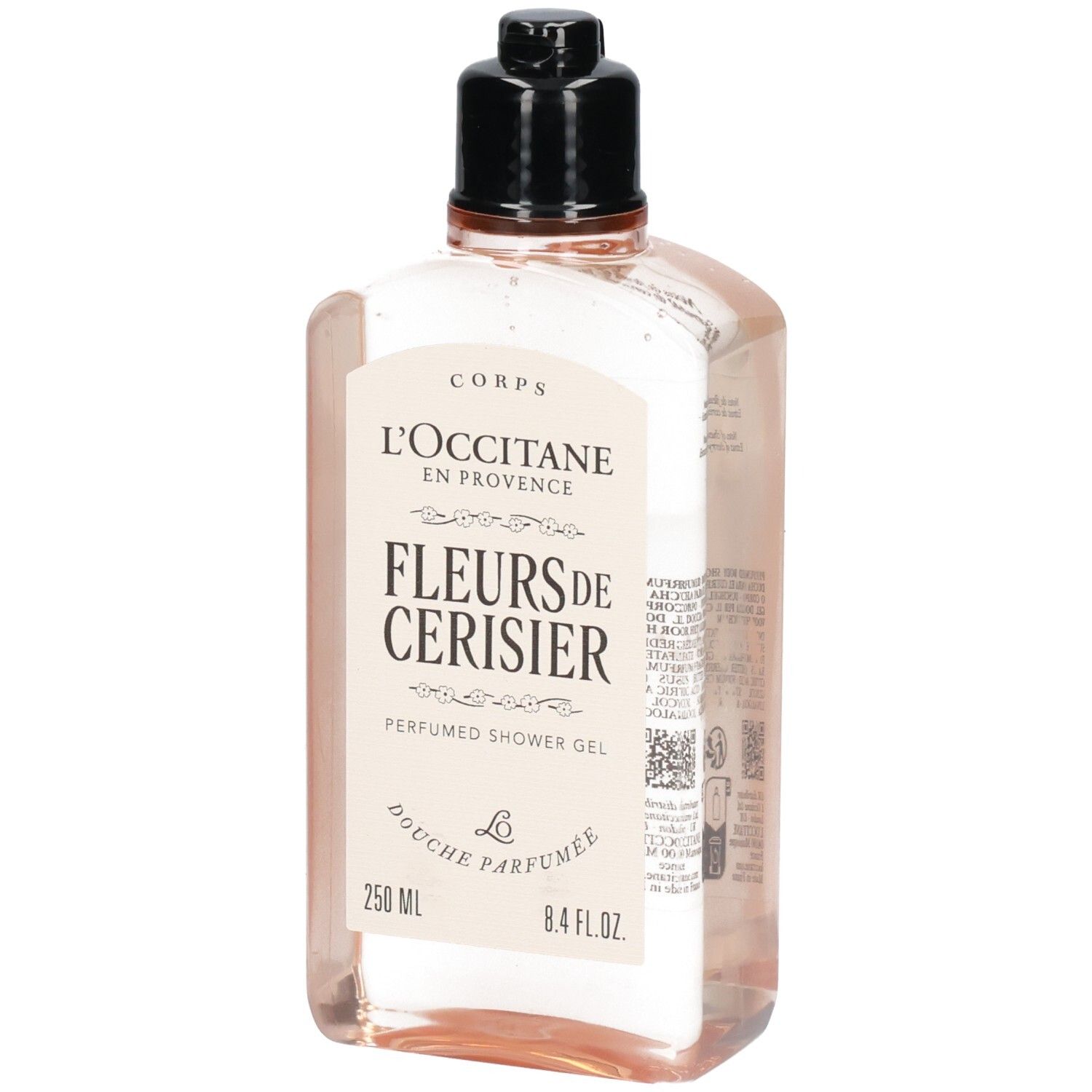 Bagnoschiuma L'Occitane Fleurs de Cerisier in flacone trasparente con tappo nero.