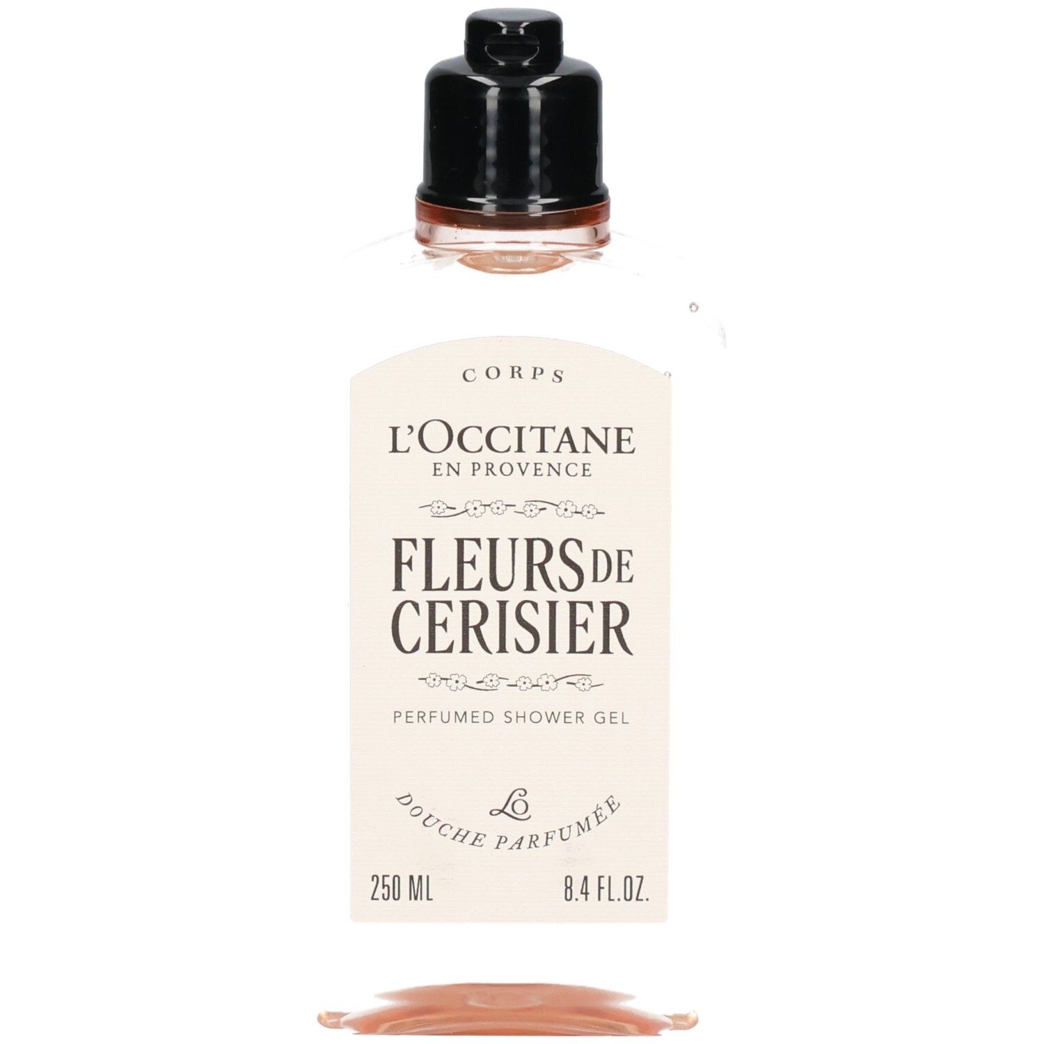 Bagnoschiuma L'Occitane Fleurs de Cerisier, fronte con etichetta e tappo nero.