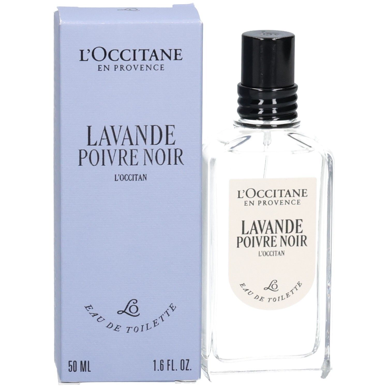 Flacone L'OCCITANE Eau de Toilette Lavande Poivre Noir accanto alla sua scatola pieghevole azzurra.