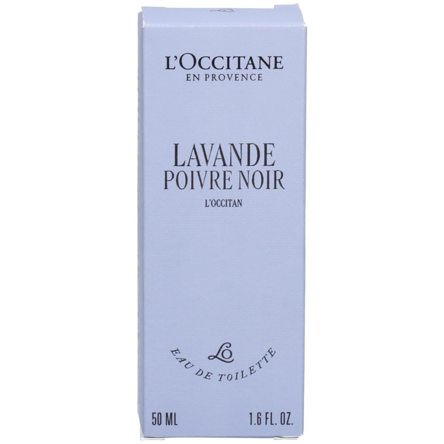 Scatola pieghevole azzurra per L'OCCITANE Eau de Toilette Lavande Poivre Noir, lato frontale.