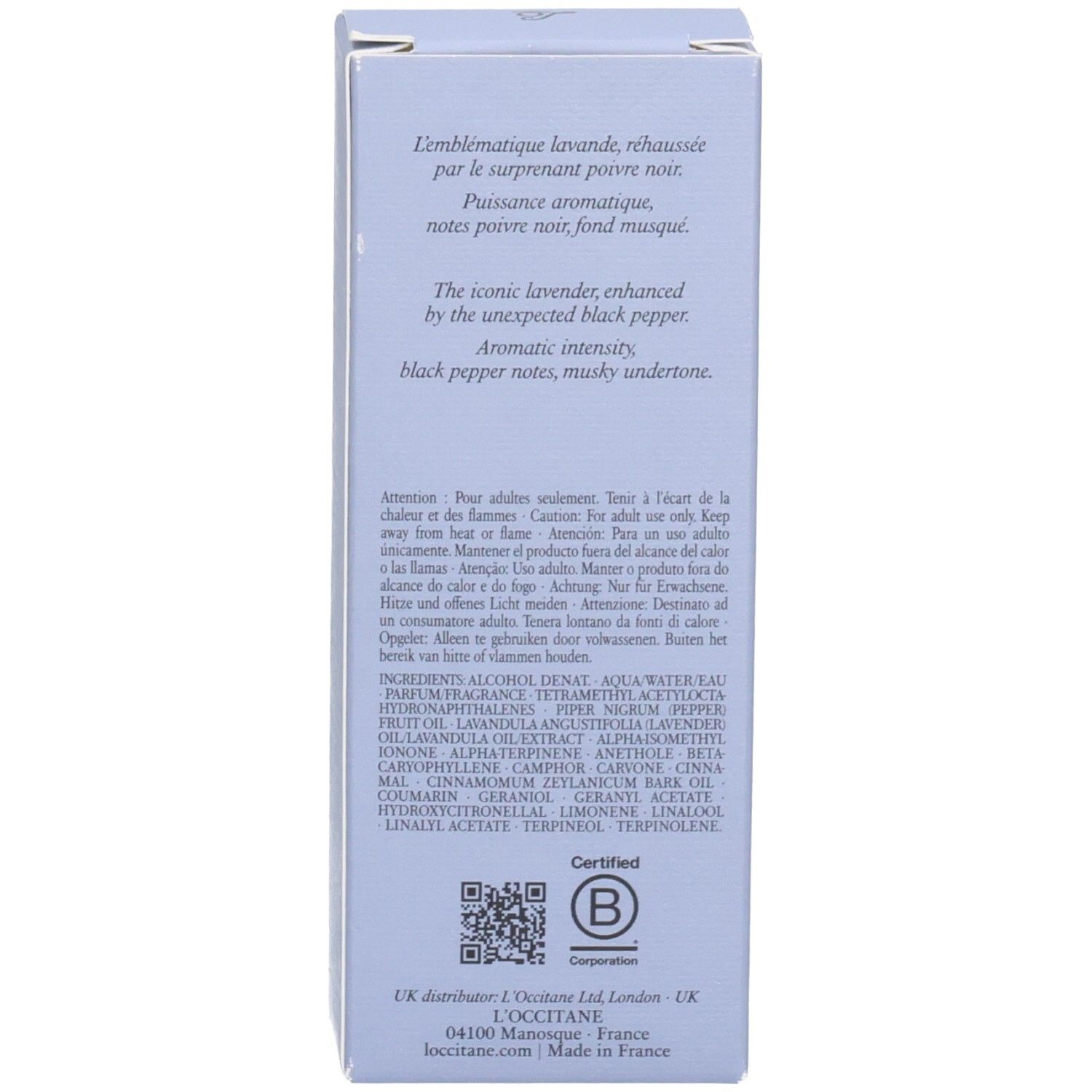 Retro della scatola L'OCCITANE Eau de Toilette Lavande Poivre Noir con informazioni sul prodotto.