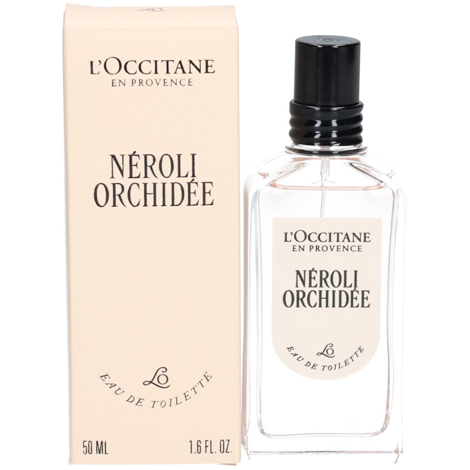 Flacone e scatola di L'OCCITANE Eau de Toilette Néroli Orchidée, 50 ml.