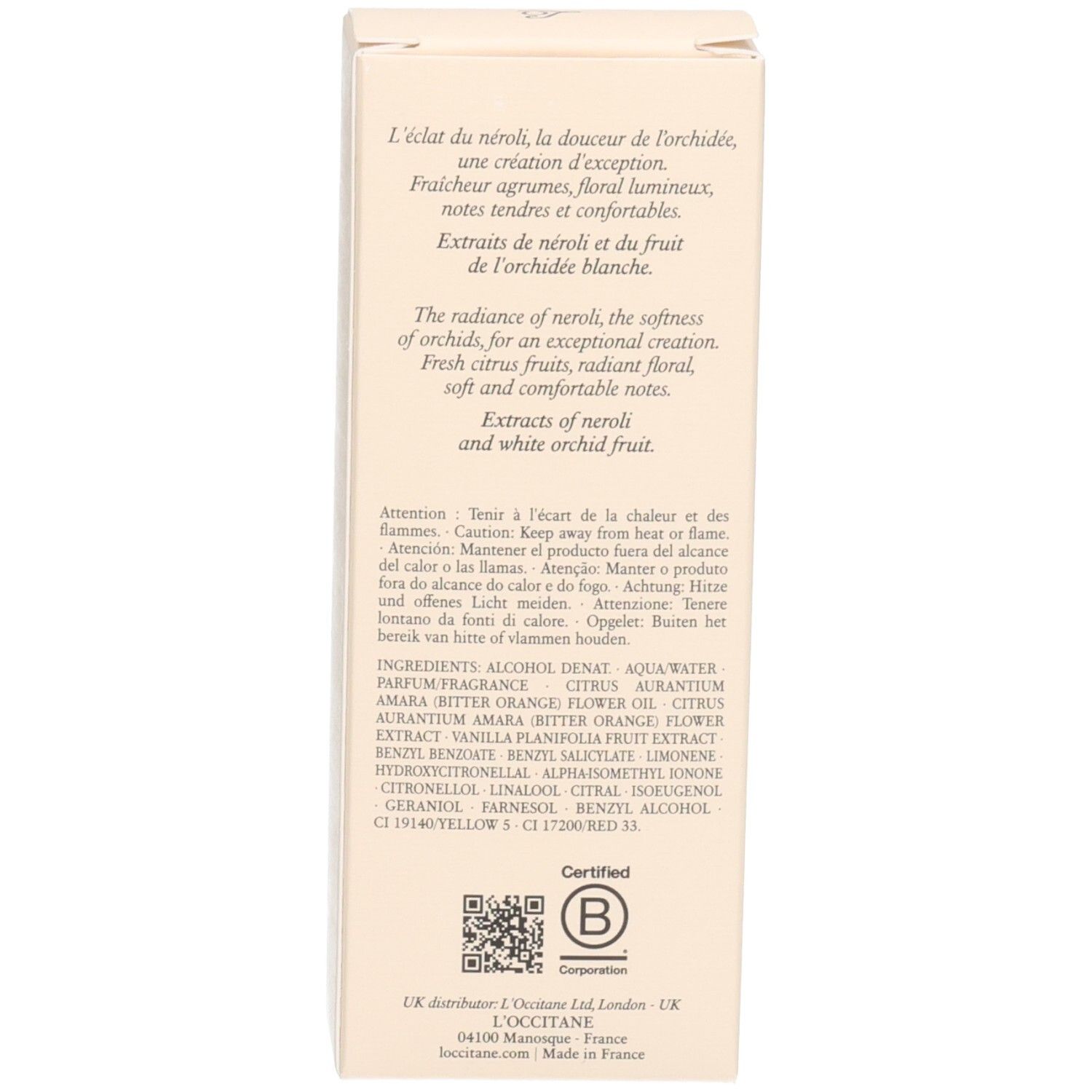 Retro della scatola di L'OCCITANE Eau de Toilette Néroli Orchidée con informazioni sul prodotto.