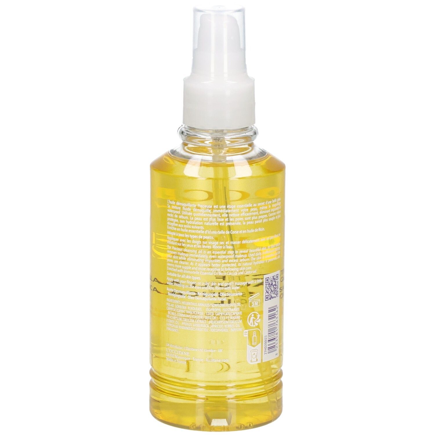 Retro dell'olio detergente L'OCCITANE Immortelle in flacone spray trasparente con olio giallo.
