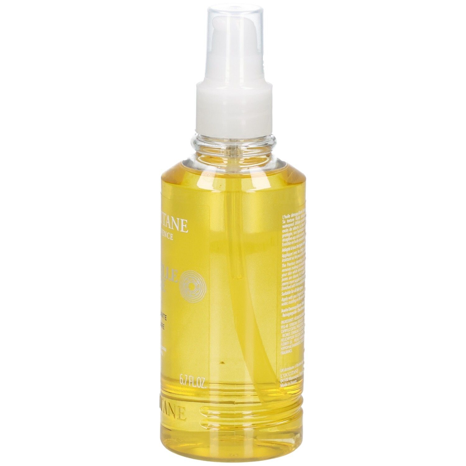 Olio detergente L'OCCITANE Immortelle in flacone spray trasparente con olio giallo.