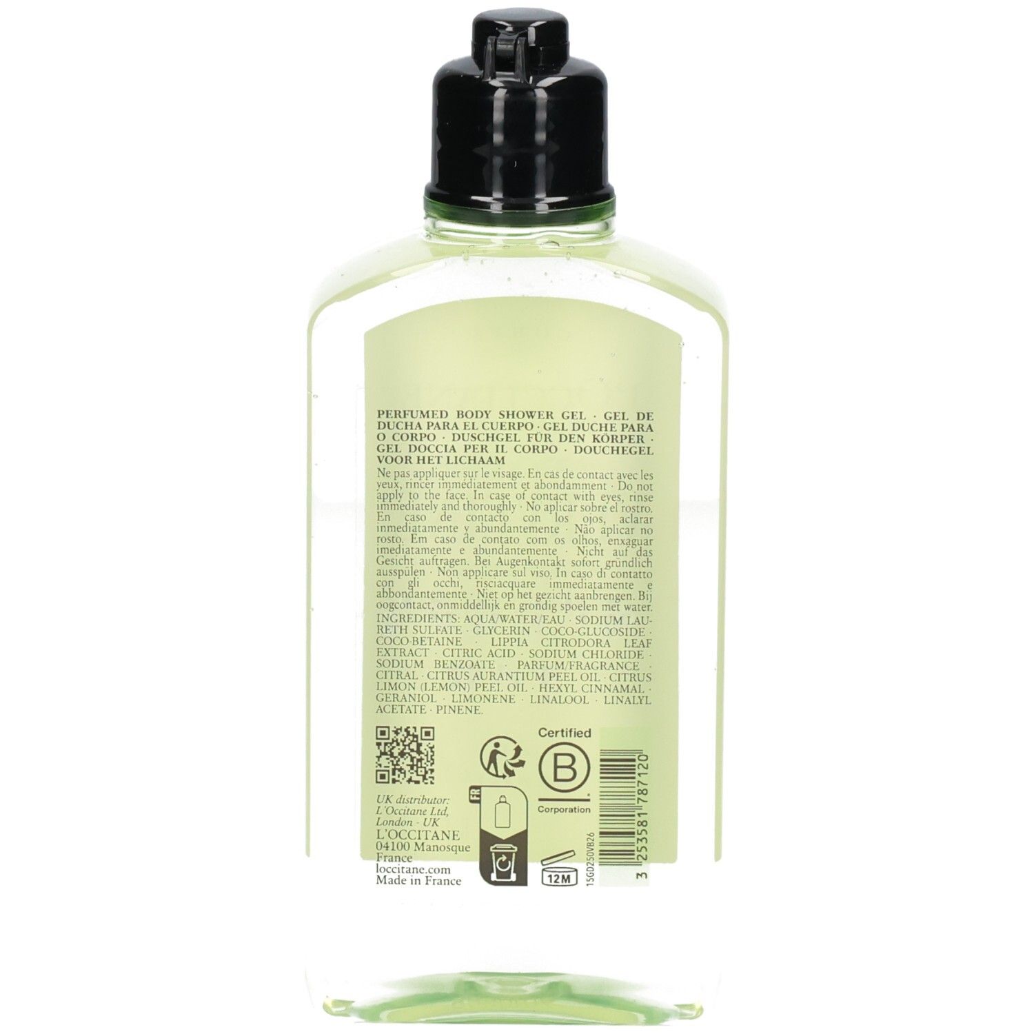 Retro di un flacone L'Occitane Verbena Bagnoschiuma con ingredienti e certificazioni.