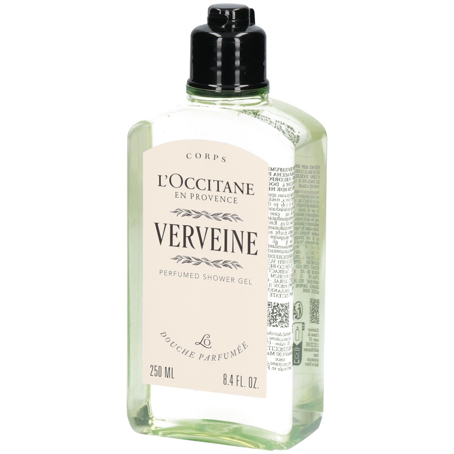 L'Occitane Verbena Bagnoschiuma in flacone trasparente con tappo nero. Vista frontale.