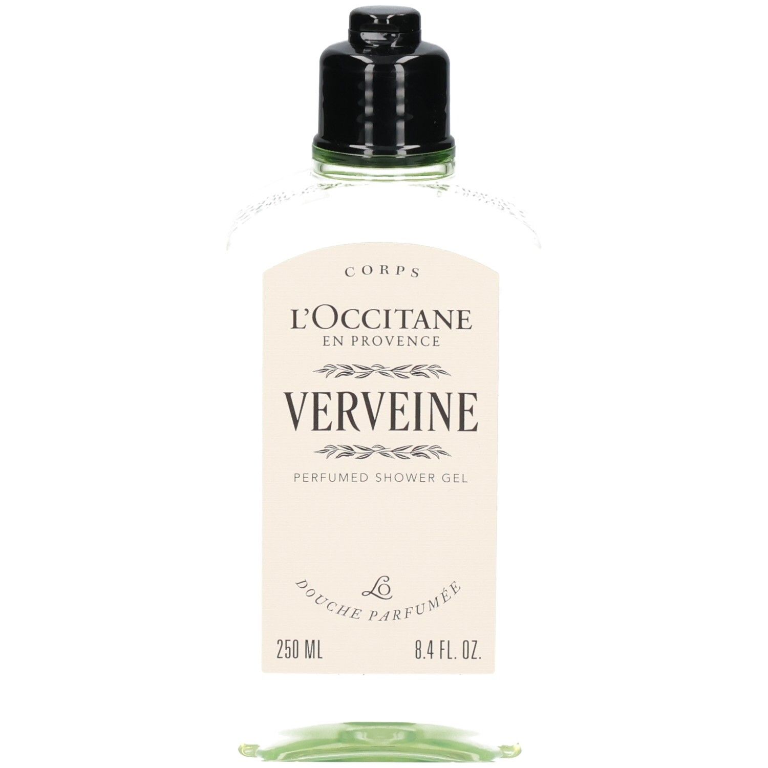 L'Occitane Verbena Bagnoschiuma in flacone trasparente con tappo nero. Vista frontale.