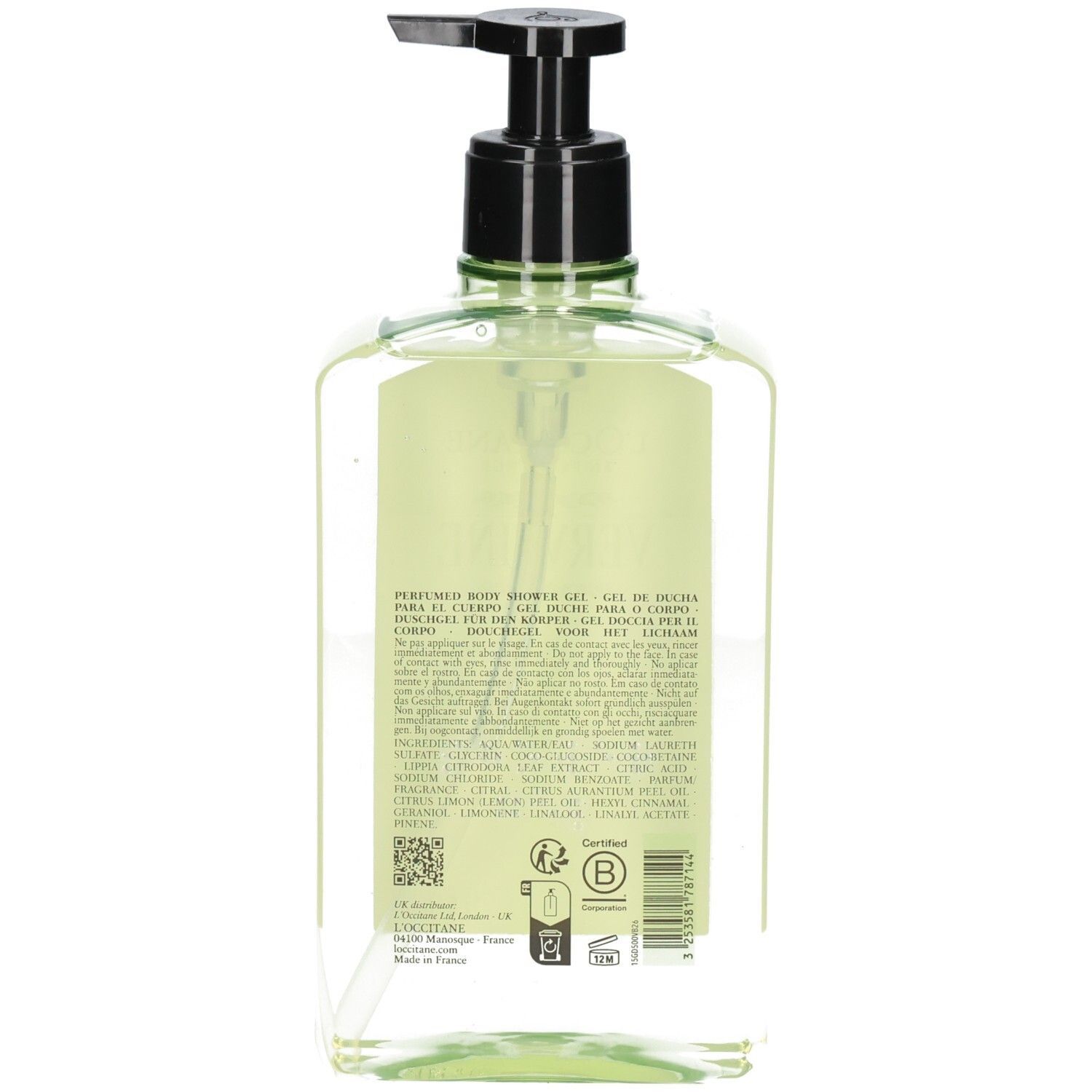 Flacone trasparente con bagnoschiuma verde e dispenser nero. Contiene testo e simbolo di certificazione B.