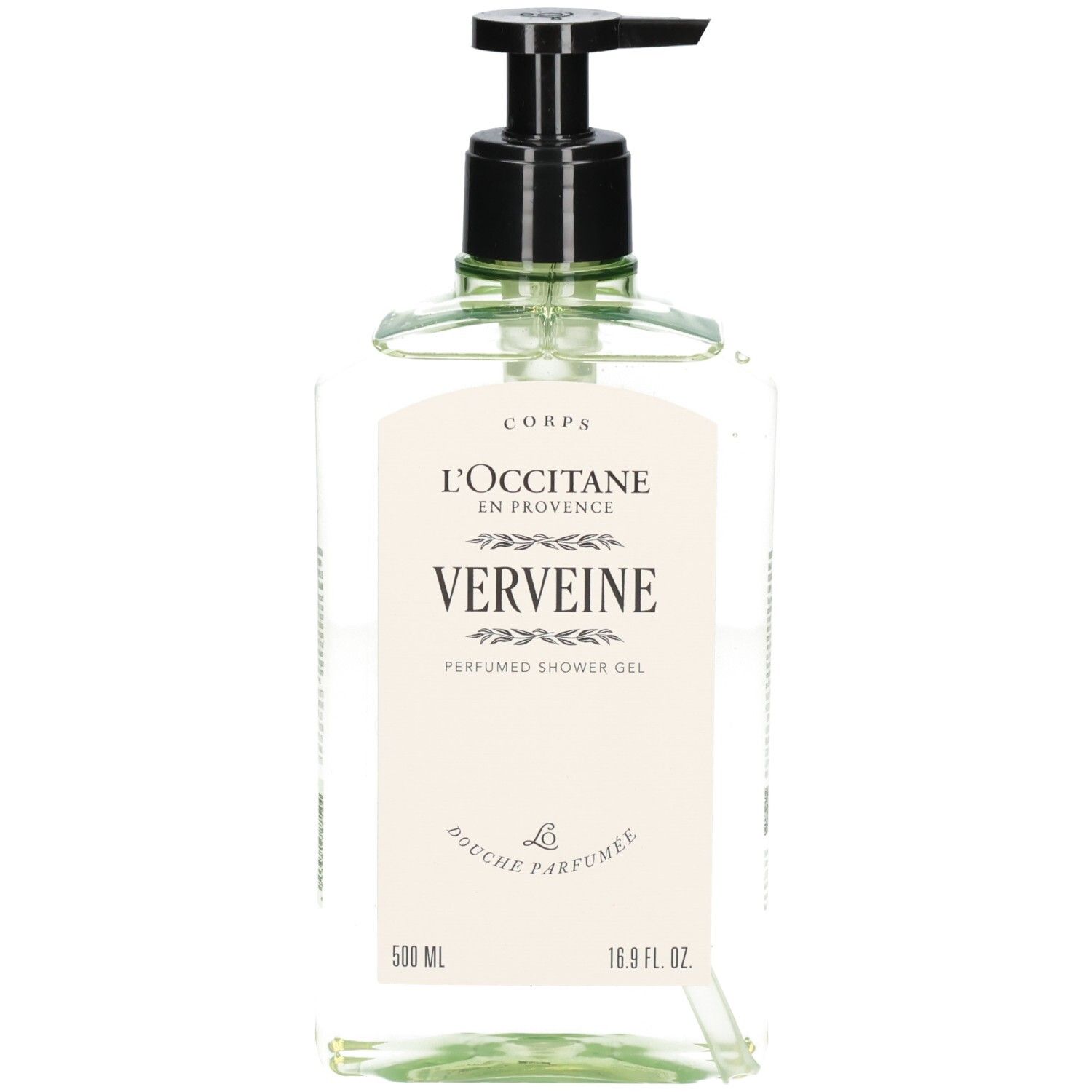Bagnoschiuma L'Occitane Verveine in flacone trasparente con dispenser nero, 500 ml.