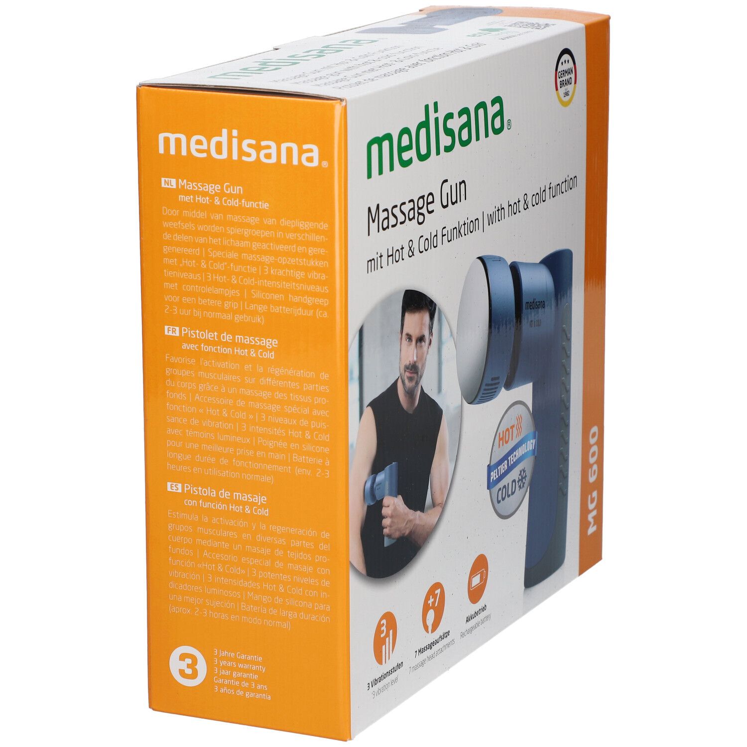 Confezione pistola massaggiante. Dispositivo blu con testa bianca. Testo: medisana, Massage Gun, funzione caldo e freddo.
