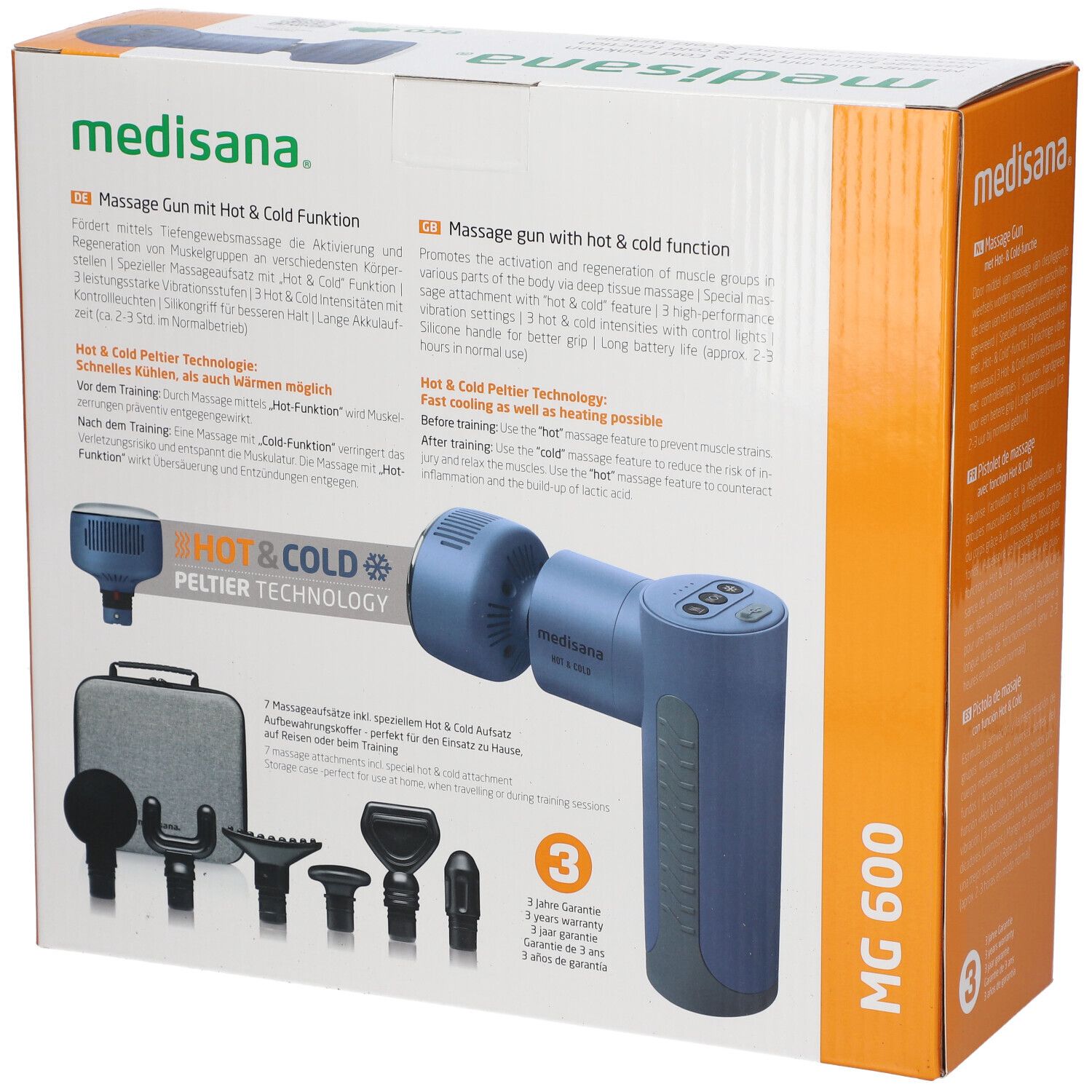 Confezione pistola massaggiante. Dispositivo blu con testa bianca. Testo: medisana, Massage Gun, funzione caldo e freddo.