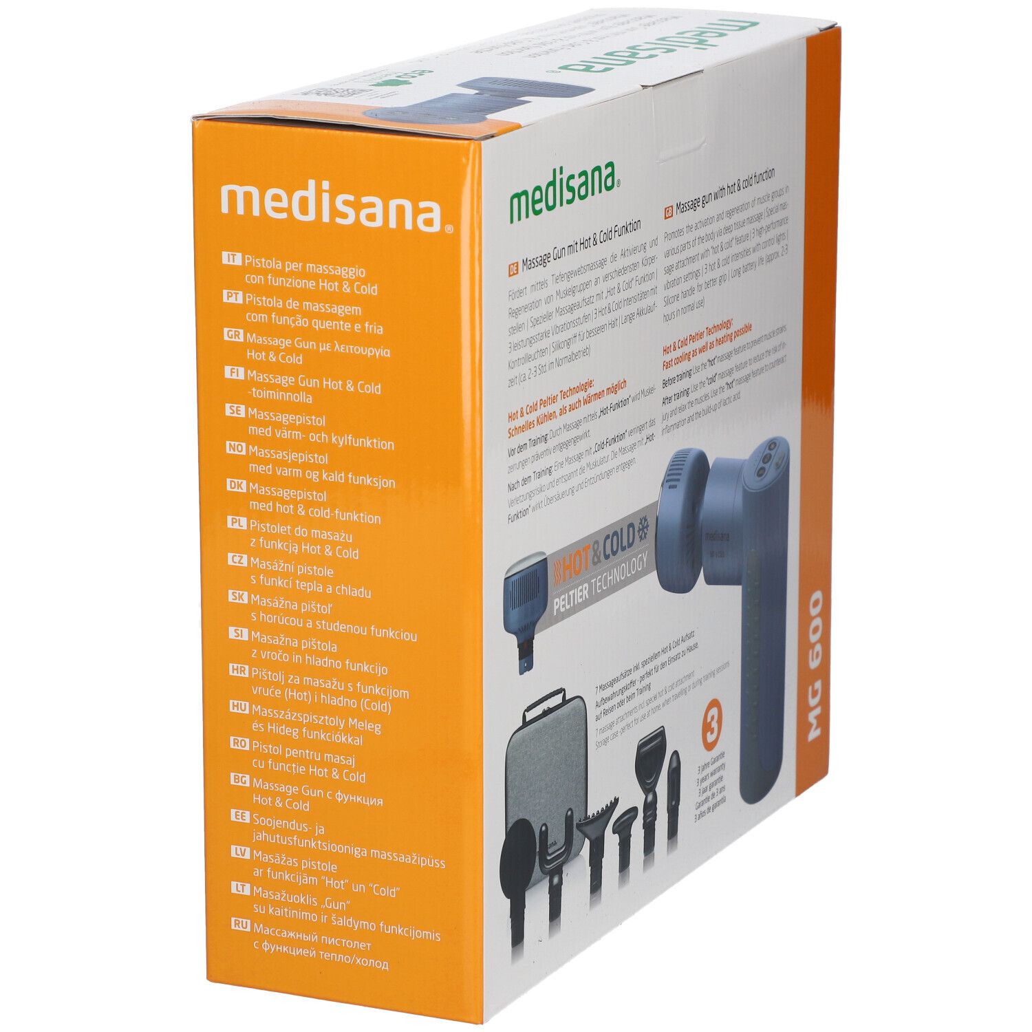 Confezione pistola massaggiante. Dispositivo blu con testa bianca. Testo: medisana, Massage Gun, funzione caldo e freddo.